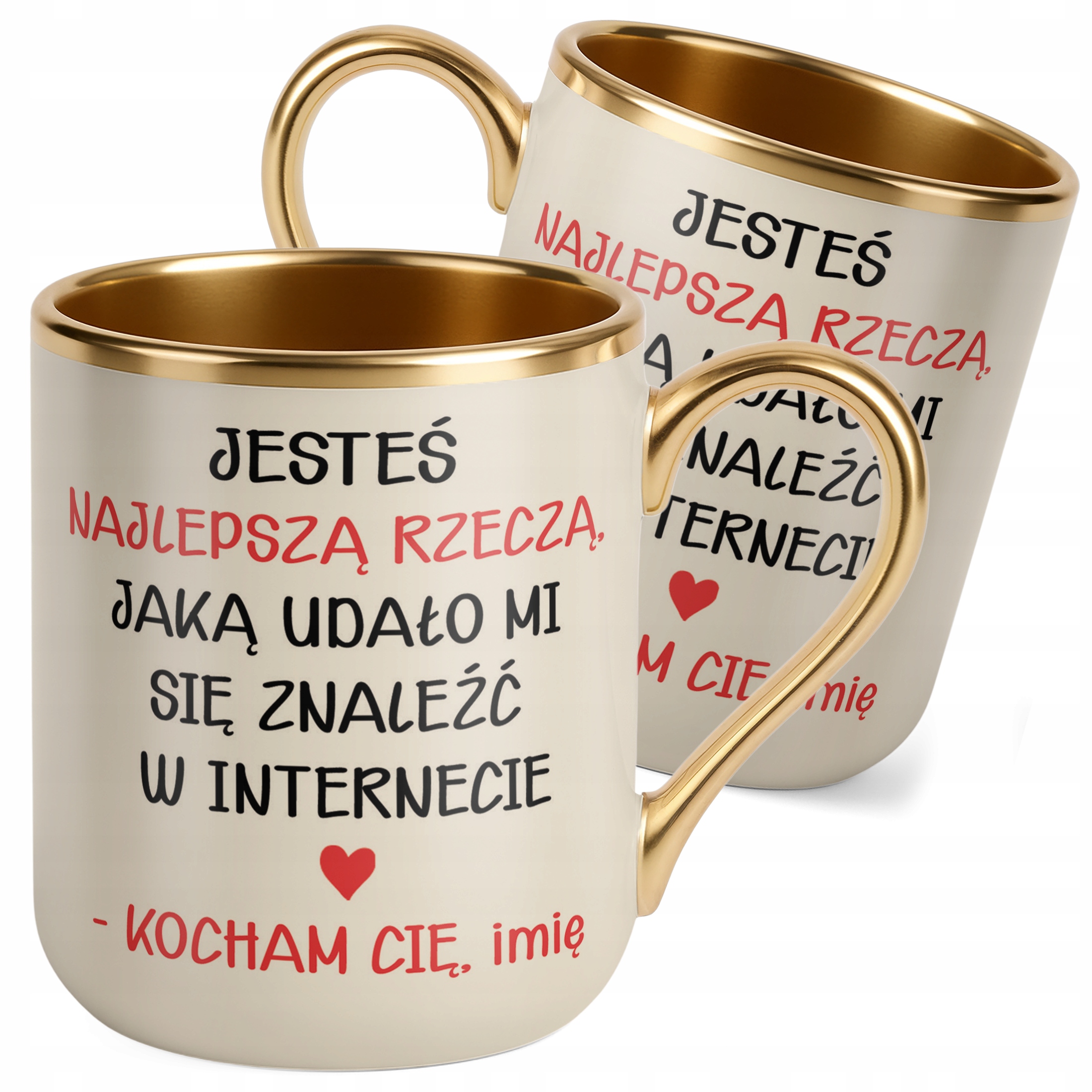 Kubek Premium Złoty Ecru Personalizowany Na Walentynki Kocham Cię