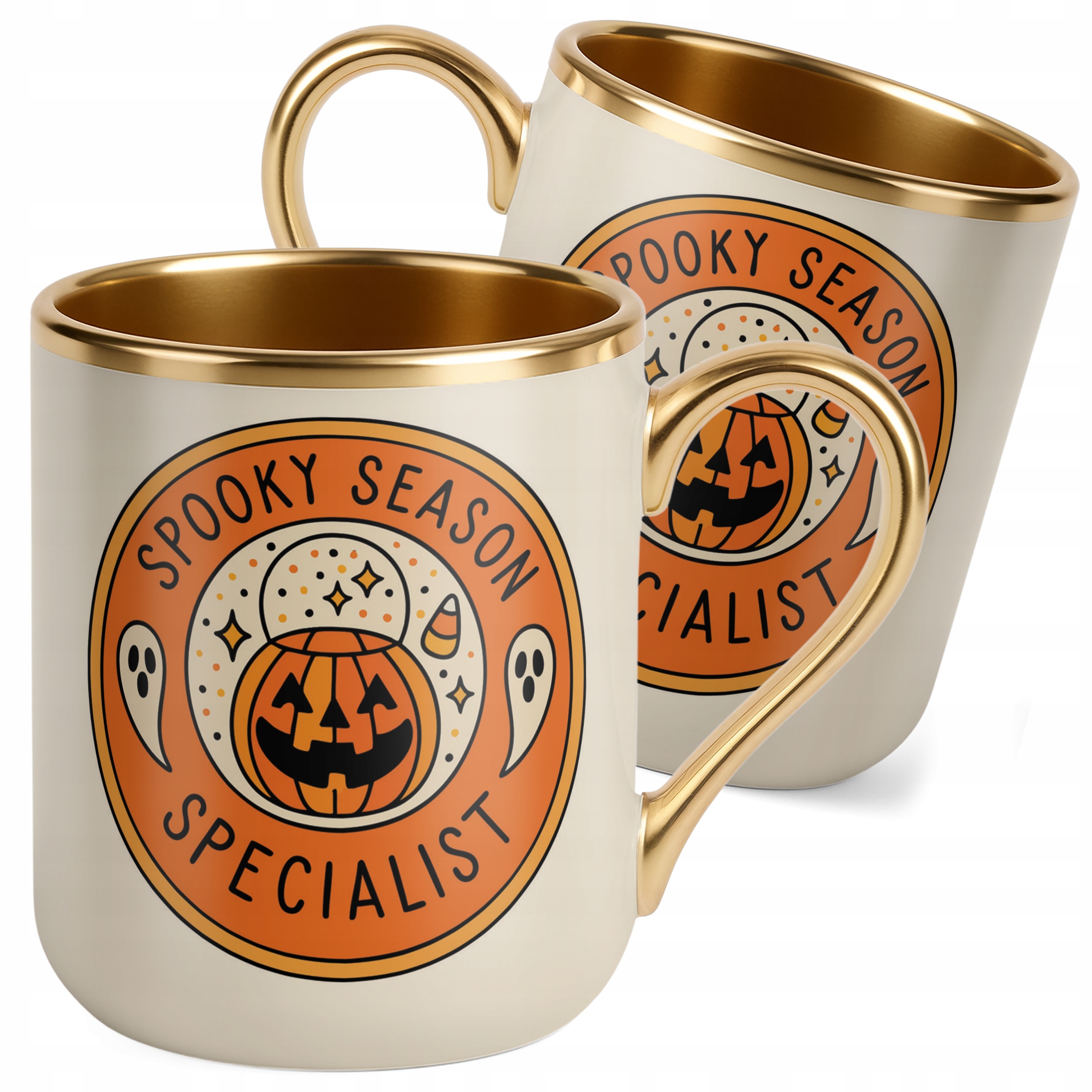 Kubek Premium Złoty Ecru Halloween Spooky Season Dynia Jesień Prezent