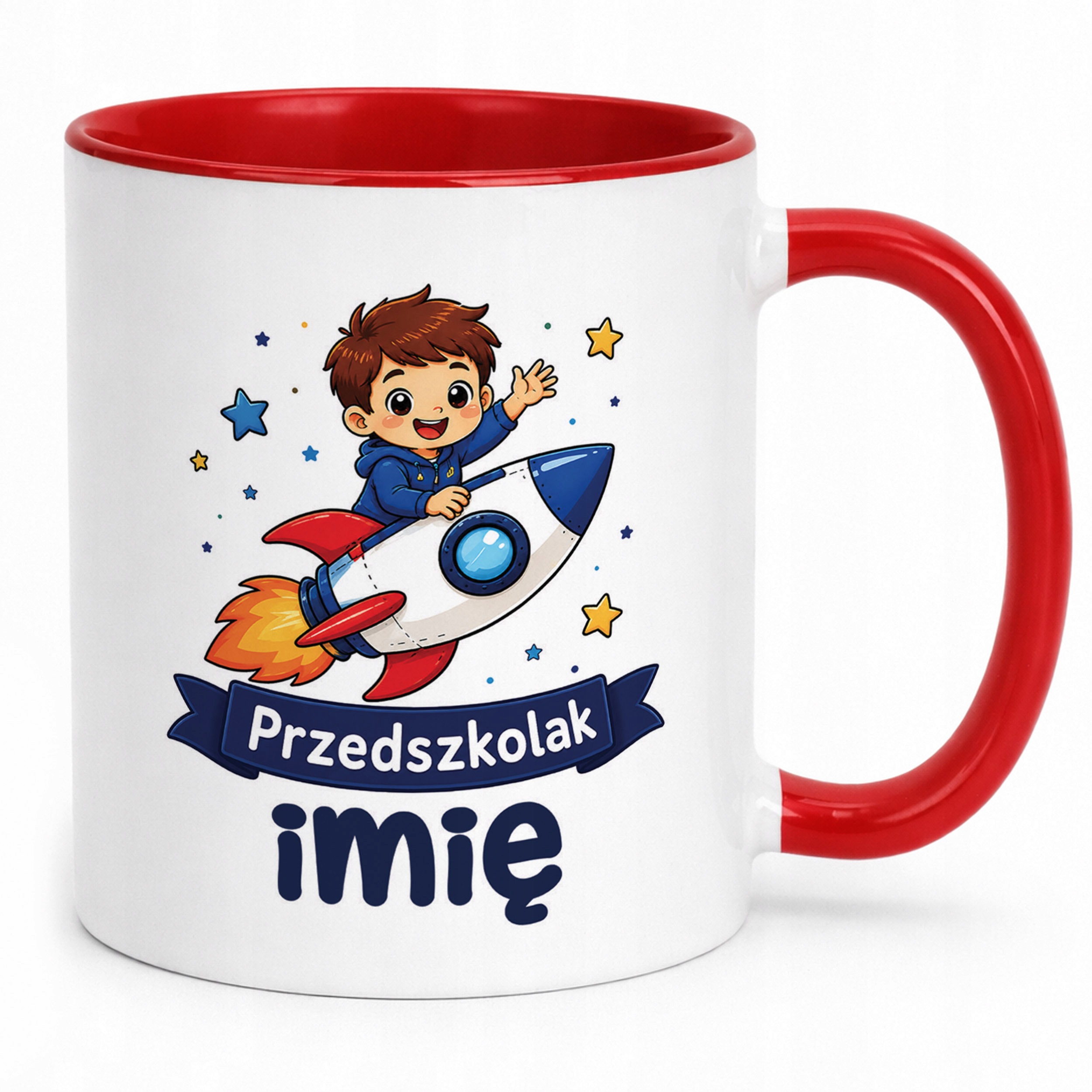 Zestaw Personalizowany Kubek Czerwony Poduszka Przedszkolak Rakieta