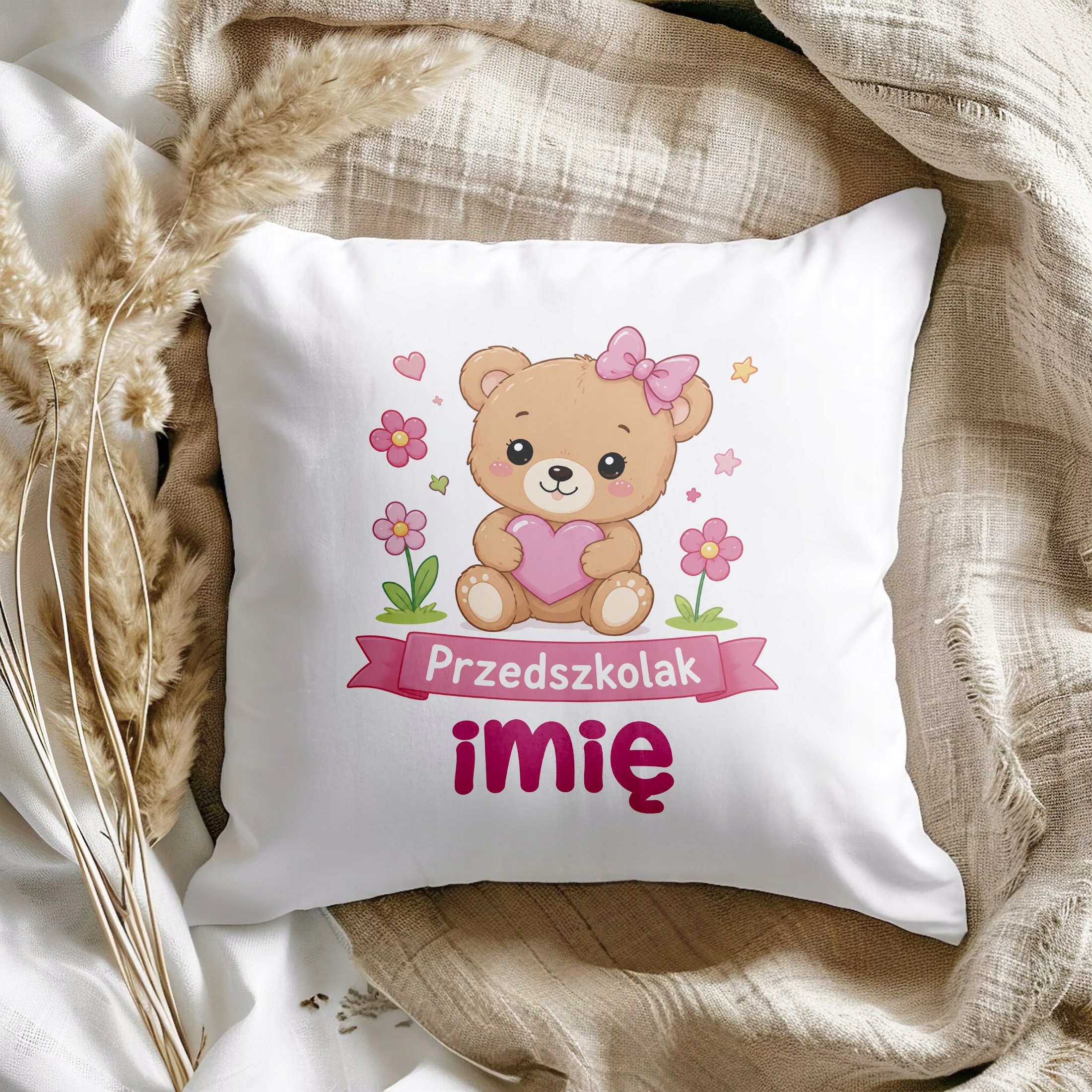 Zestaw Personalizowany Kubek Czarny Poduszka Przedszkolak Miś