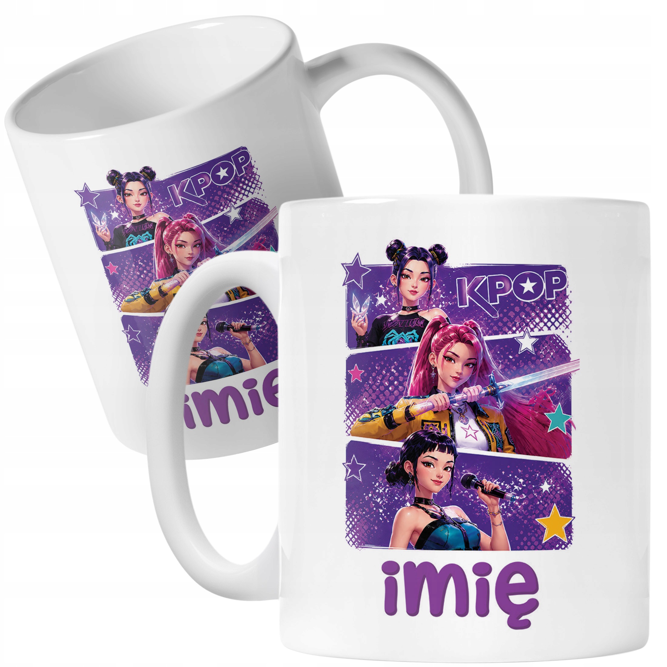 Biały Kubek z nadrukiem personalizowany ŁOWCZYNIE KPOP Dla Dzieci Prezent