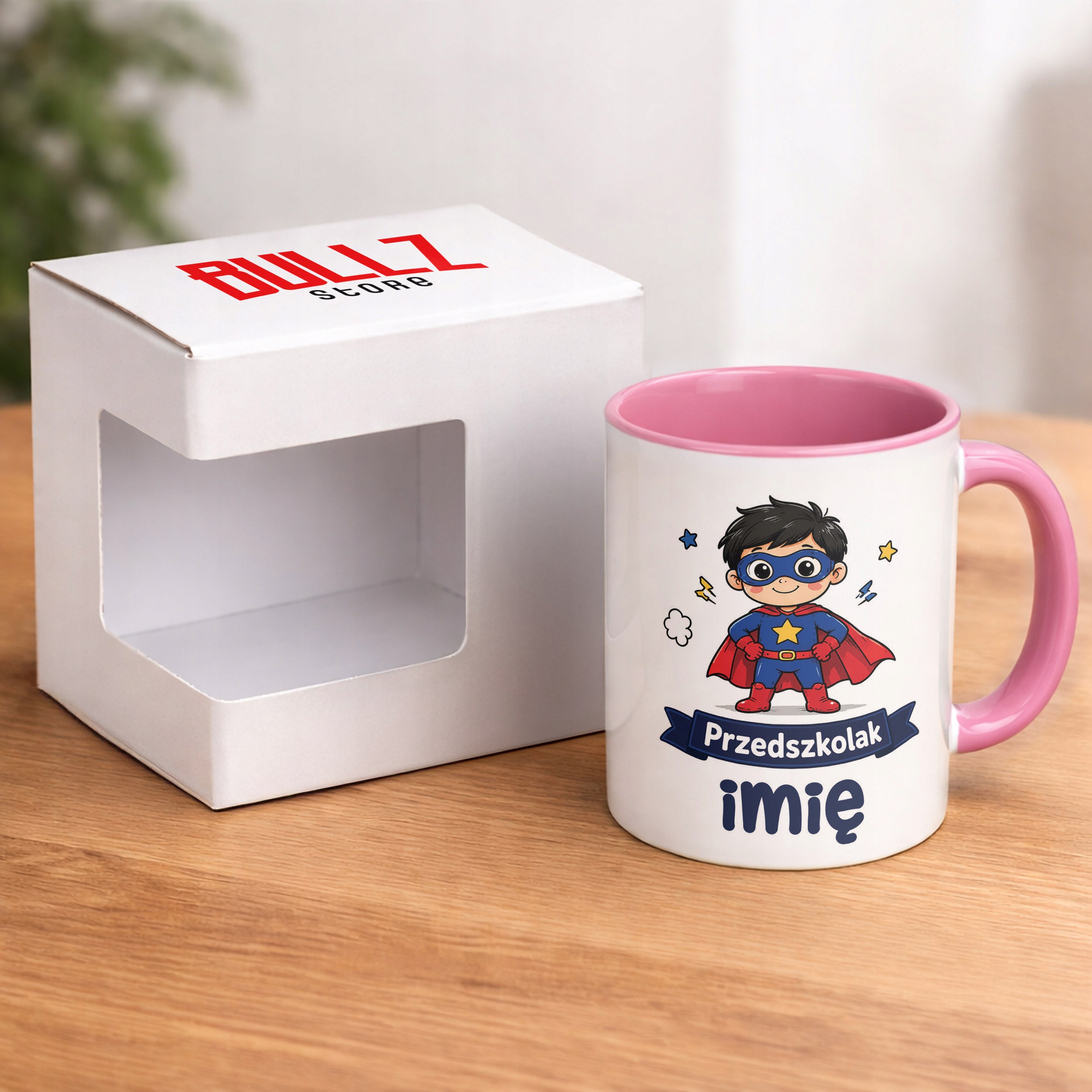 Zestaw Personalizowany Kubek Różowy Poduszka Przedszkolak