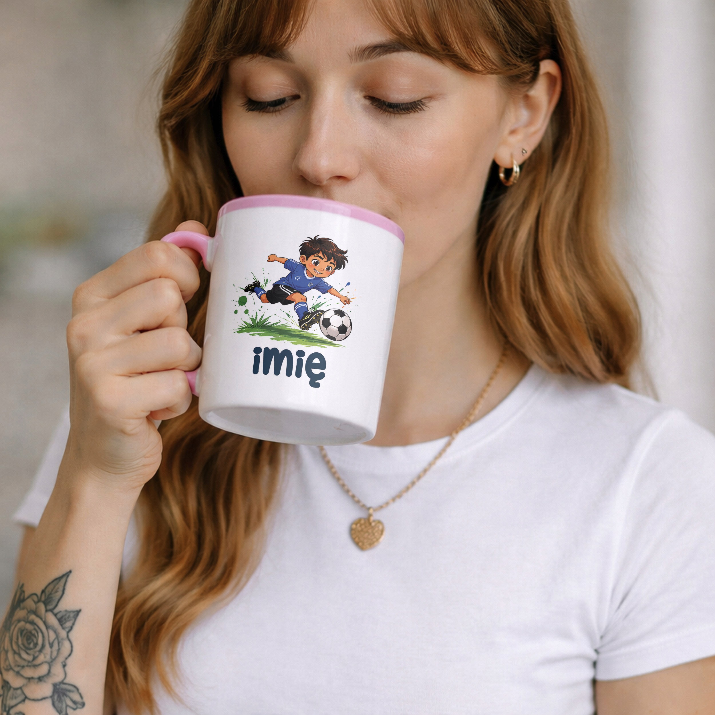 Zestaw Personalizowany Kubek Różowy Poduszka Piłka nożna Prezent