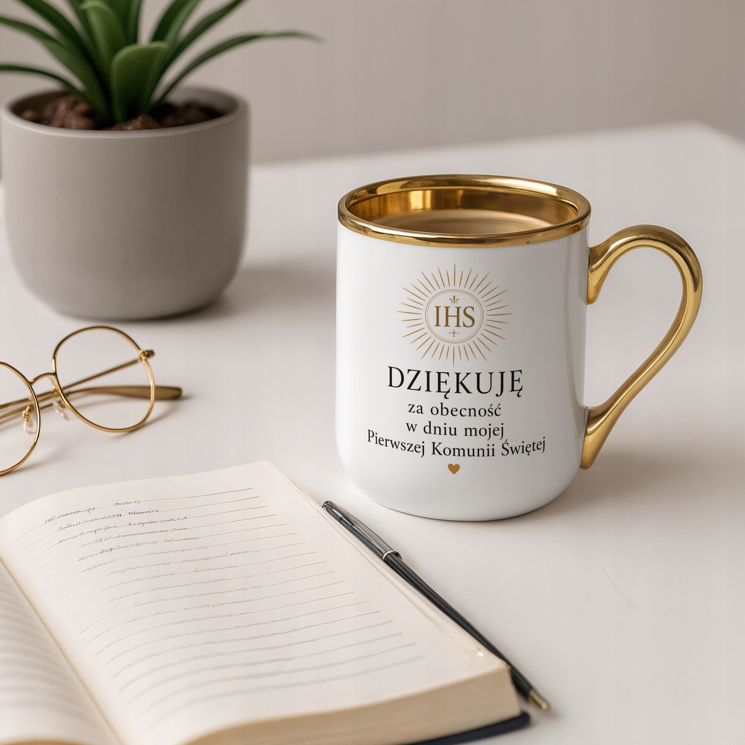Kubek Premium złoty Komunia Święta pamiątka dla gości z przyjęcia komunii