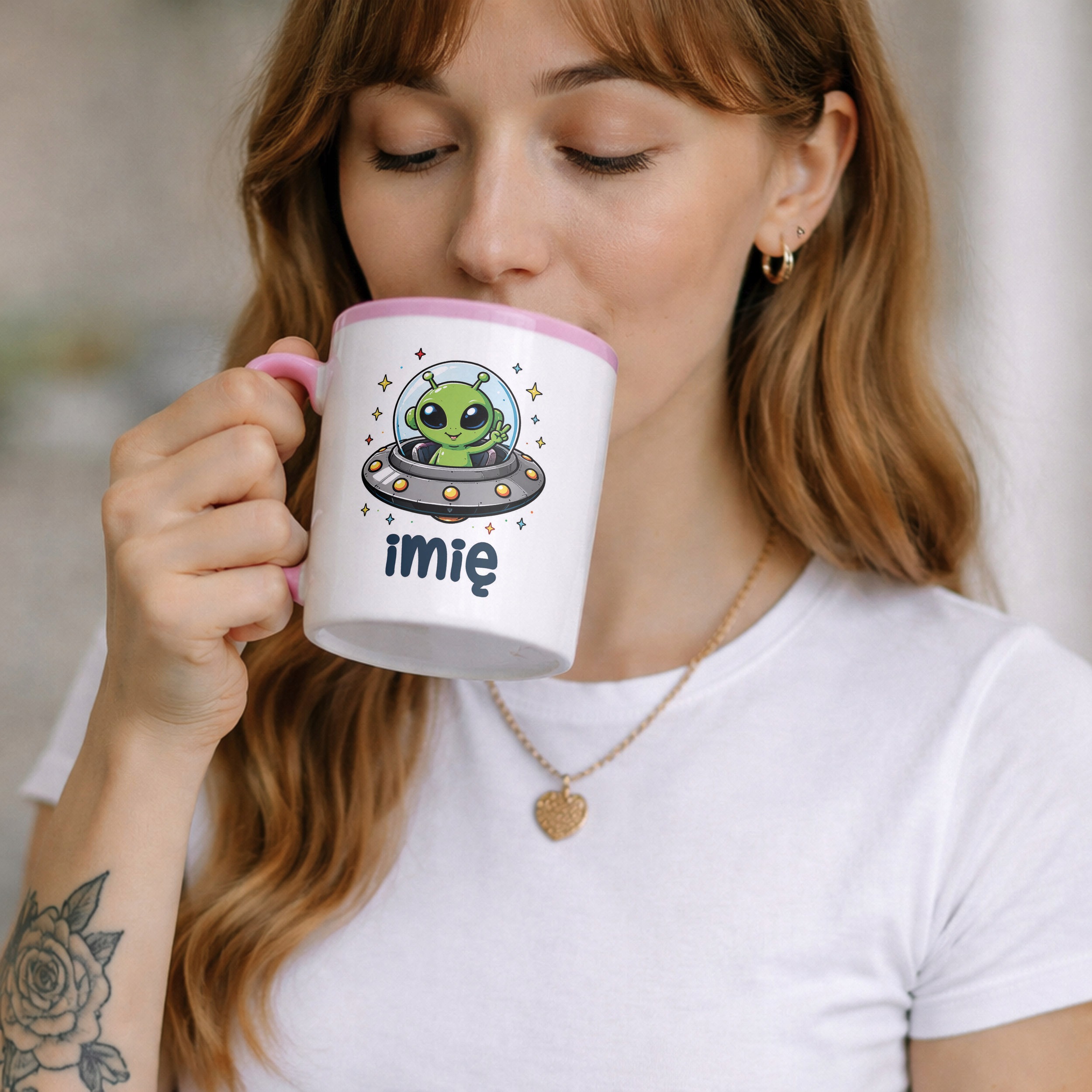 Zestaw Personalizowany Kubek Różowy Poduszka Kosmita UFO Prezent