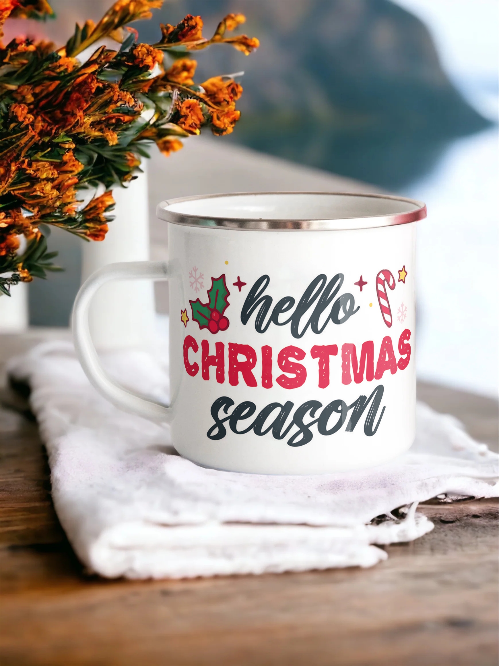 Emaliowany Kubek Garnuszek Świąteczny Hello Christmas Boże Narodzenie