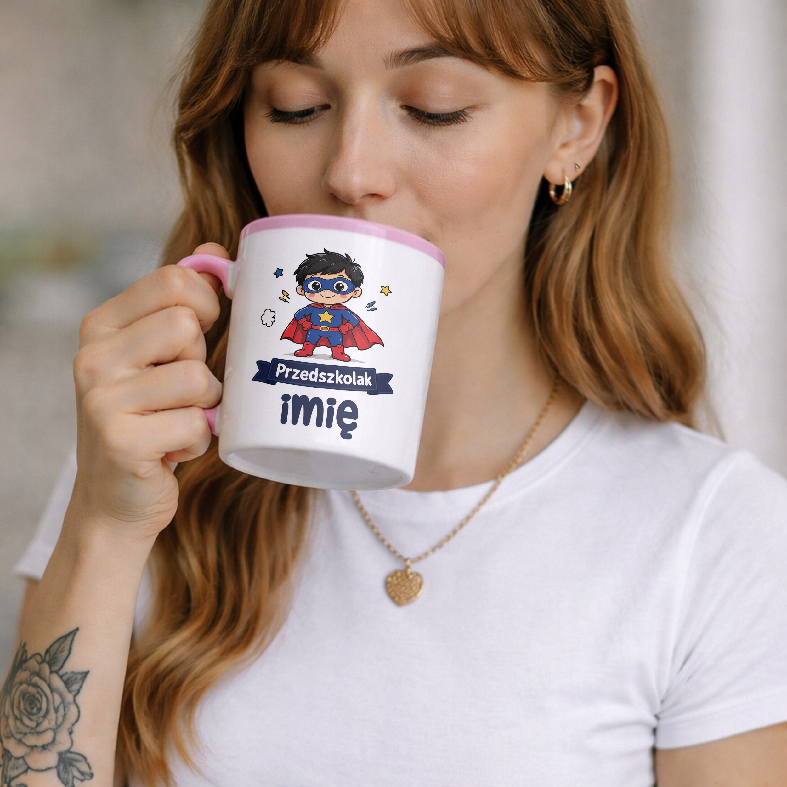 Zestaw Personalizowany Kubek Różowy Poduszka Przedszkolak