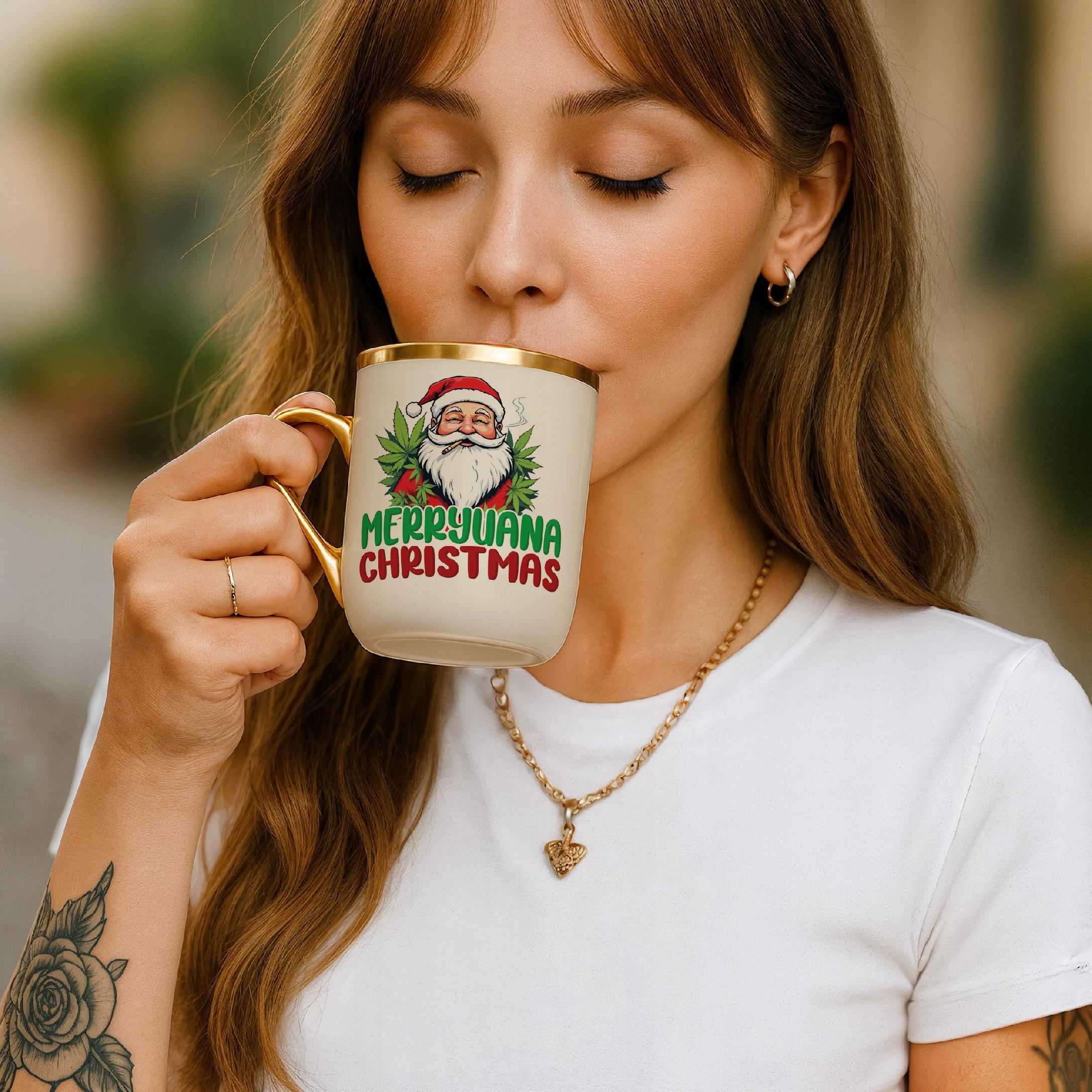 Kubek Premium Złoty Ecru Merryuana Christmas Boże Narodzenie Zabawny