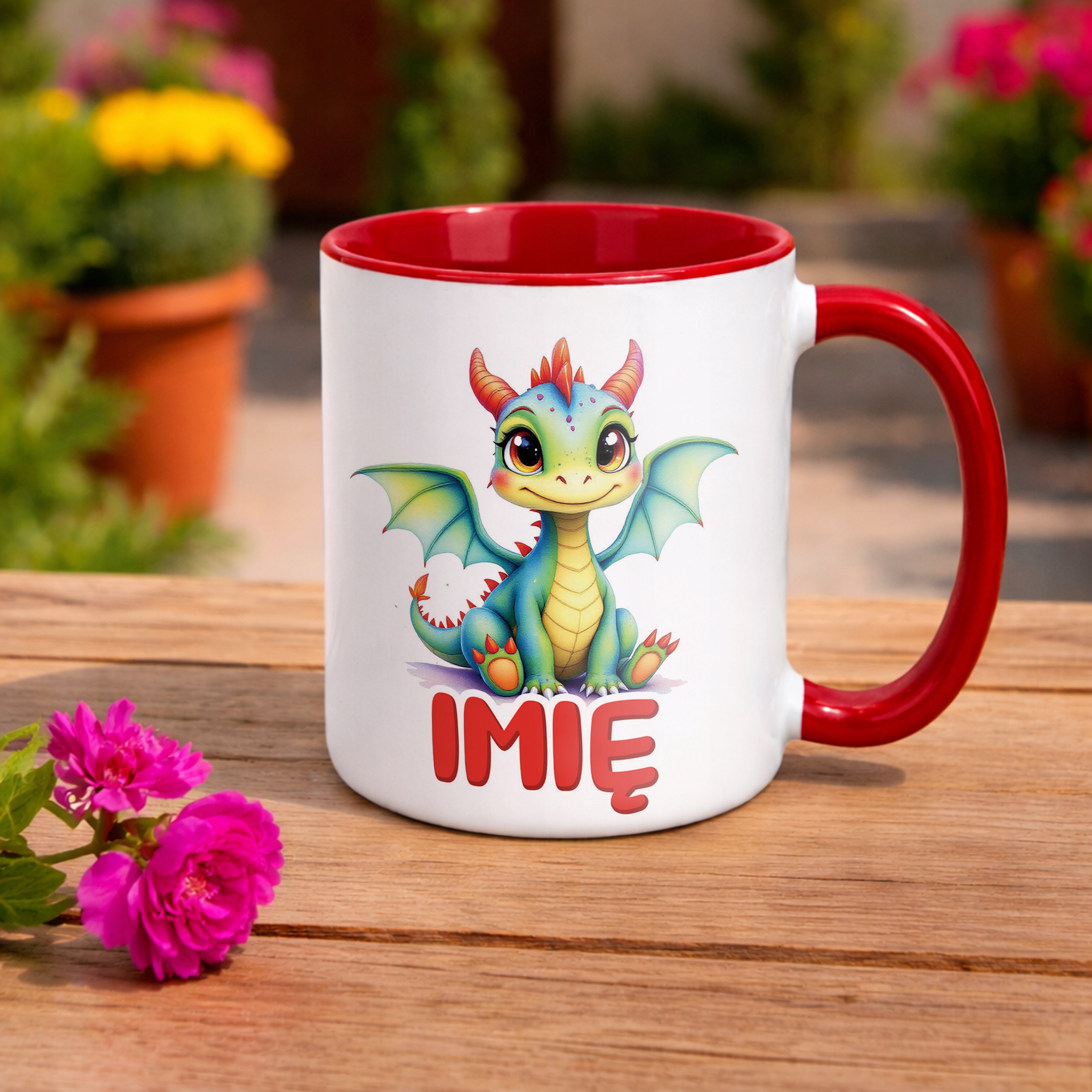 Kubek Czerwony Personalizowany Smok Zwierzak Słodki Dla Dzieci