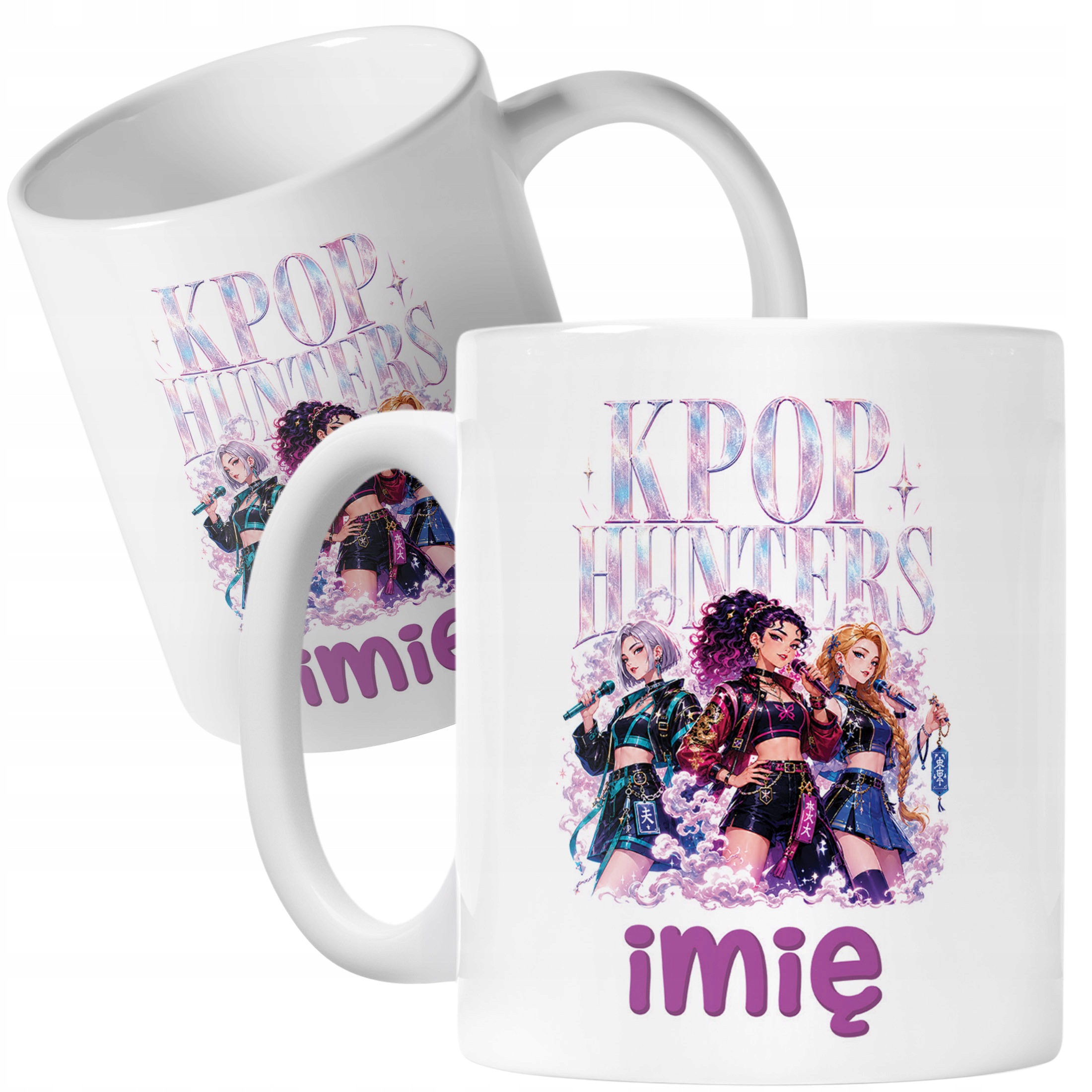 Biały Kubek z nadrukiem personalizowany ŁOWCZYNIE KPOP Dla Dzieci Prezent