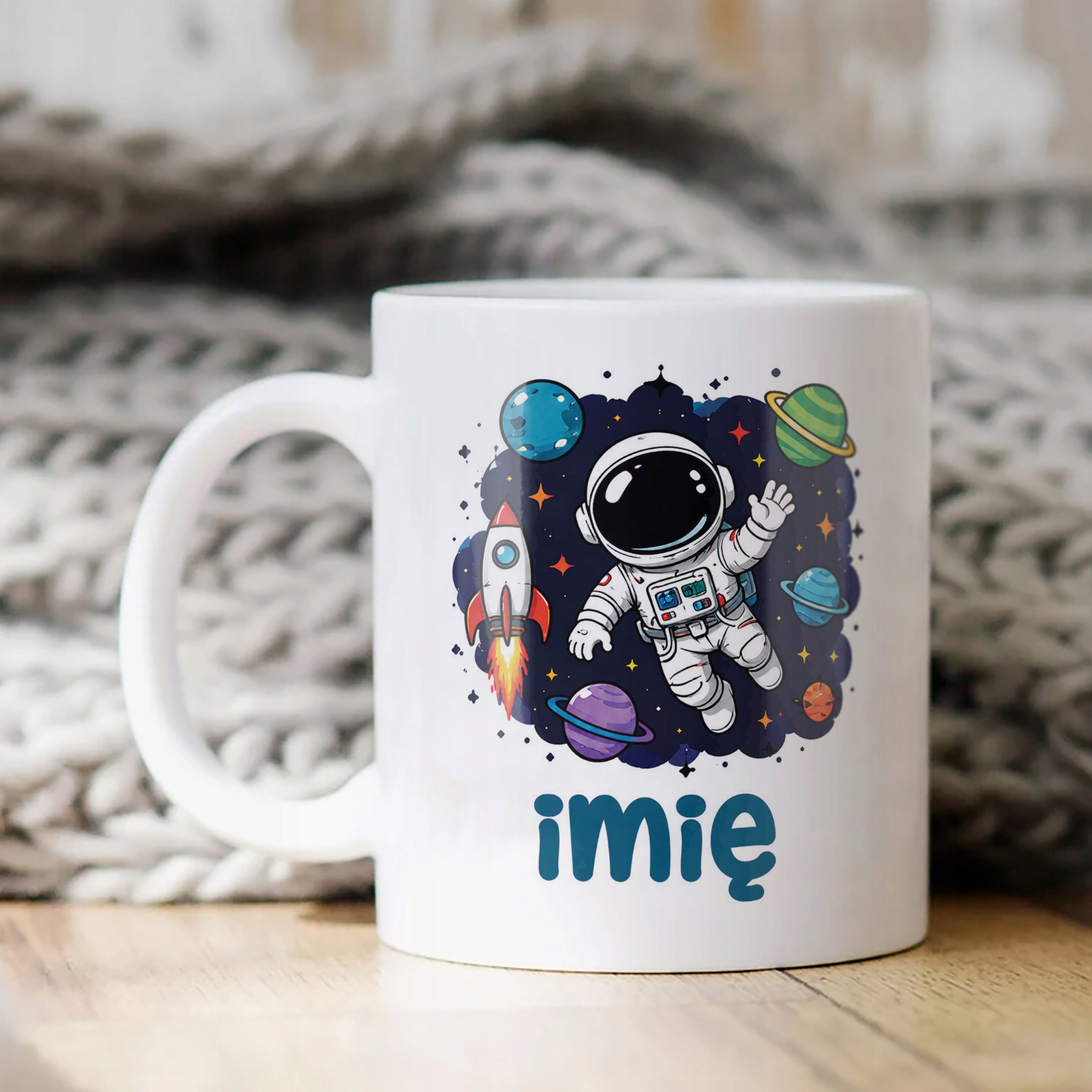 Biały Kubek z nadrukiem personalizowany Kosmonauta Dla Dzieci Prezent