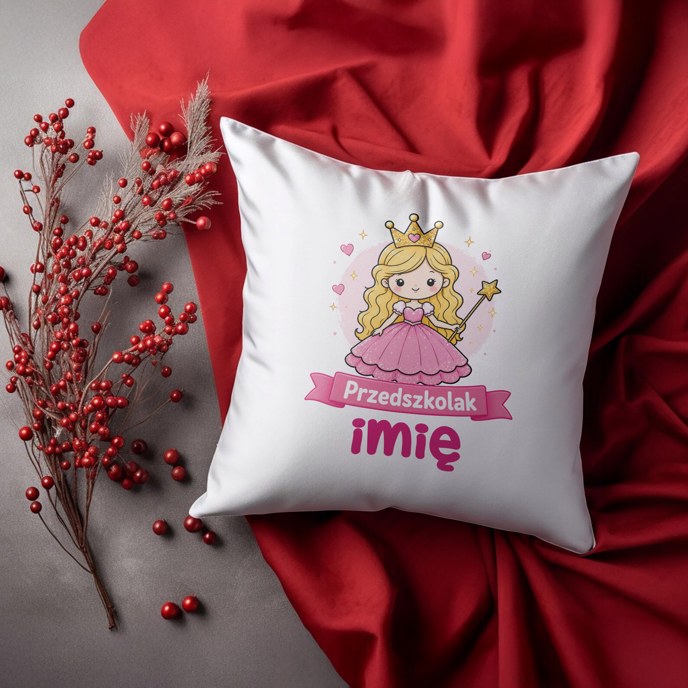 Zestaw Personalizowany Kubek Różowy Poduszka Przedszkolak