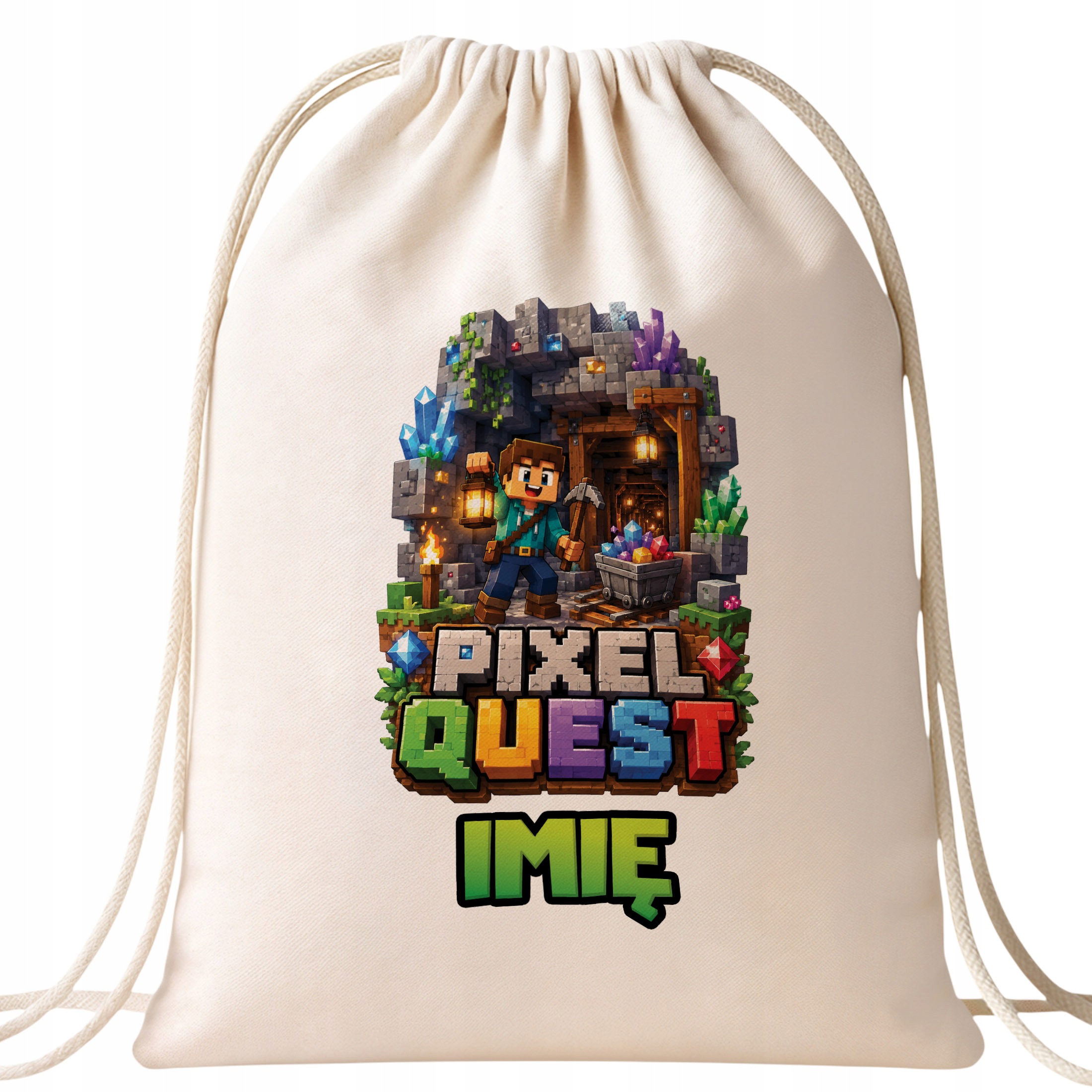 Zestaw Personalizowany Plecak Worek Kubek Czarny gra Pixel Quest Prezent