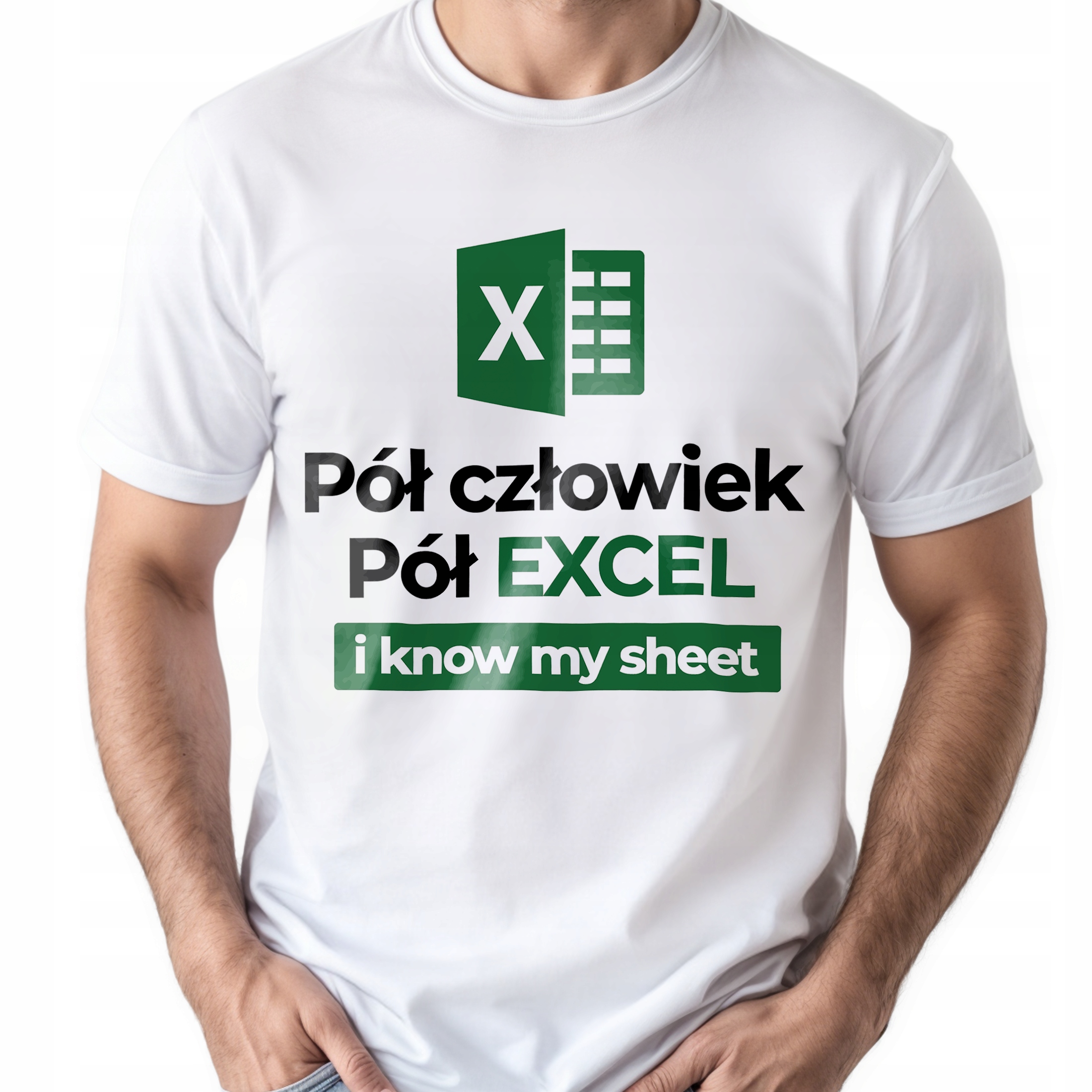 Koszulka biała męska Pół Człowiek Pół Excel Zabawny Prezent