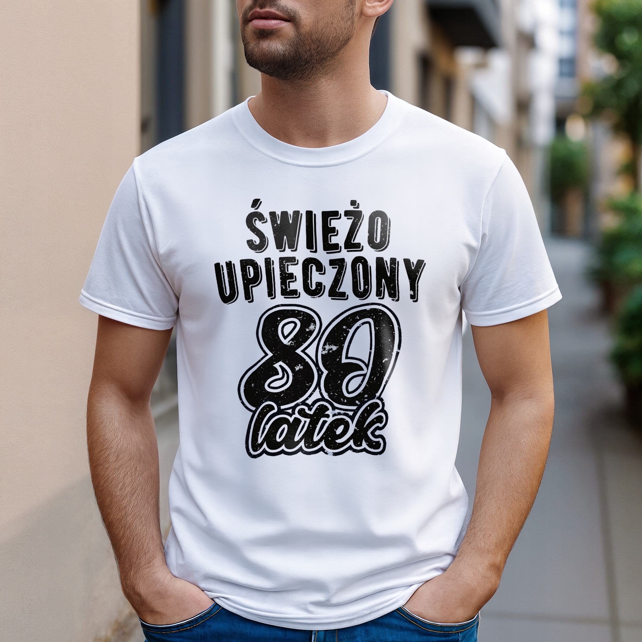 Koszulka biała męska Świeżo Upieczony 80 Urodziny Prezent