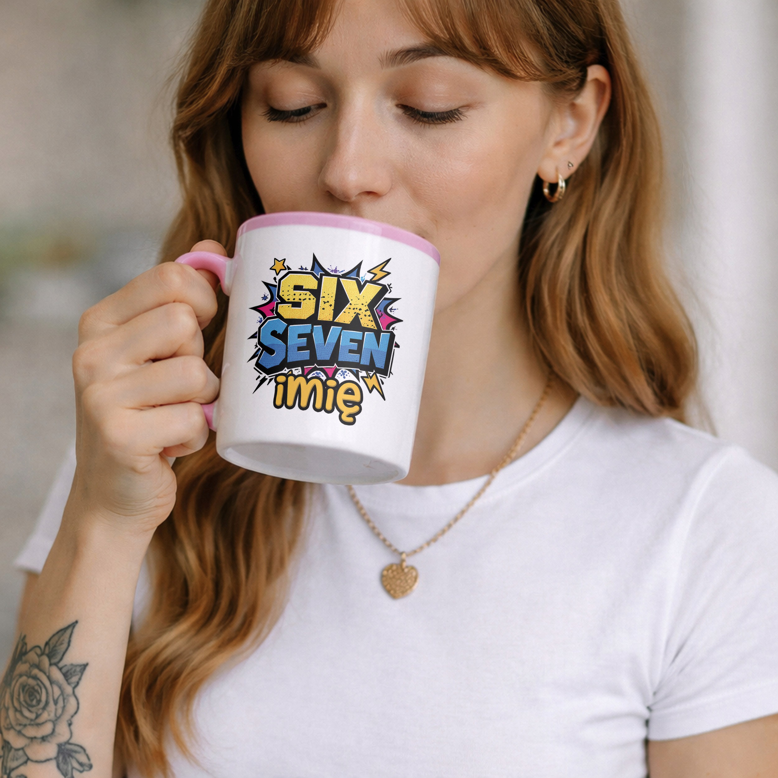 Zestaw Personalizowany Kubek Różowy Poduszka 67 Six Seven Prezent