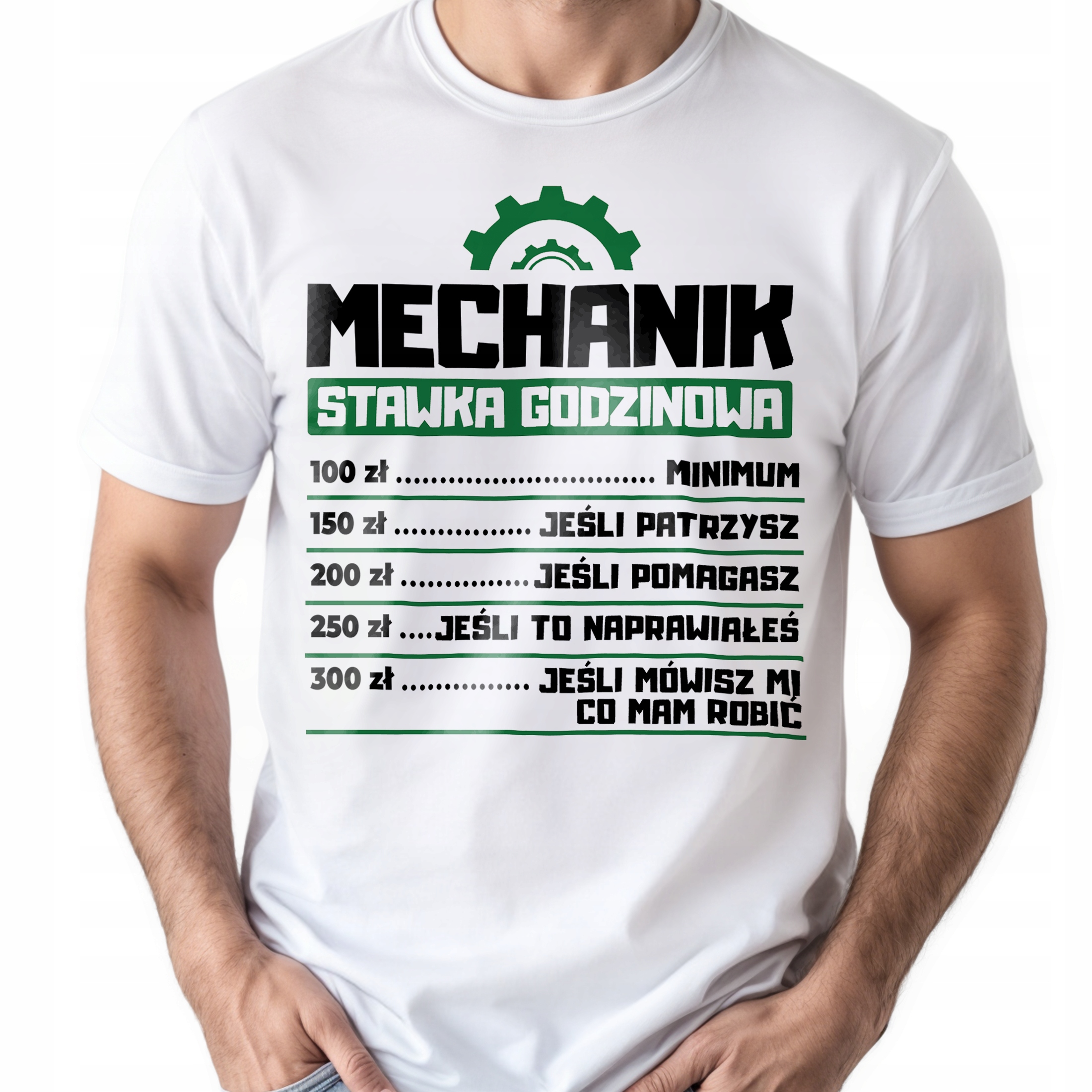 Koszulka biała męska Mechanik Stawka Godzinowa Prezent