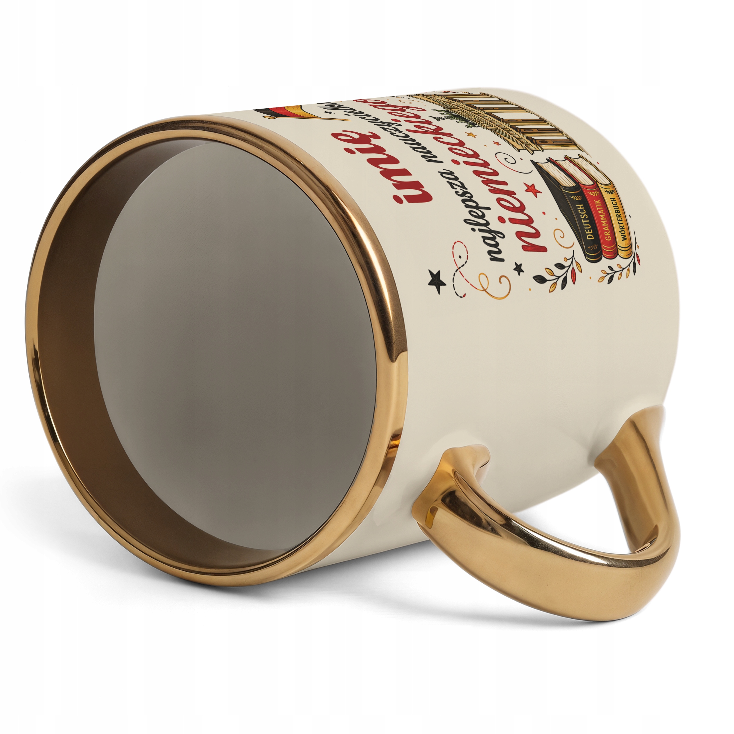 Kubek Premium Złoty Ecru z Imieniem Dzień Nauczyciela Niemiecki Prezent