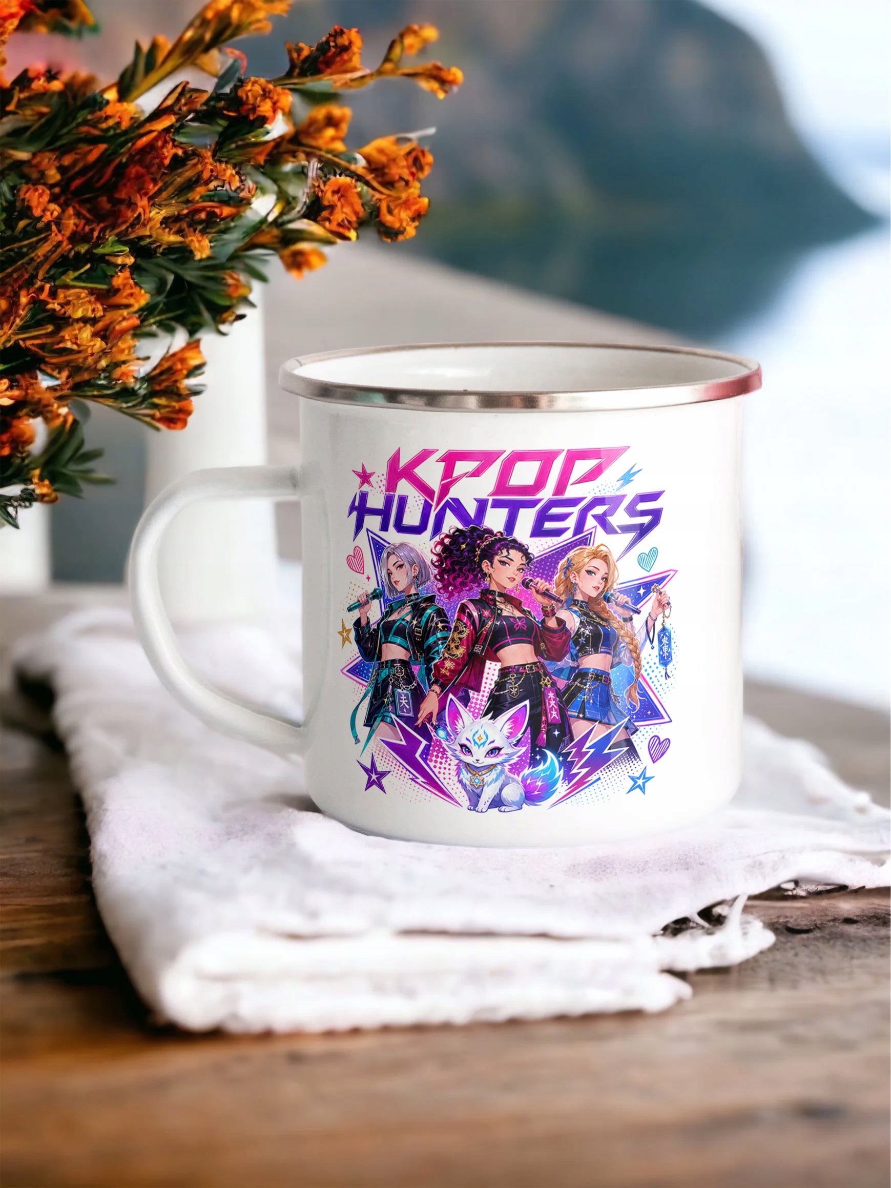 Kubek Emaliowany ŁOWCZYNIE KPOP z Nadrukiem Biały Metalowy Prezent