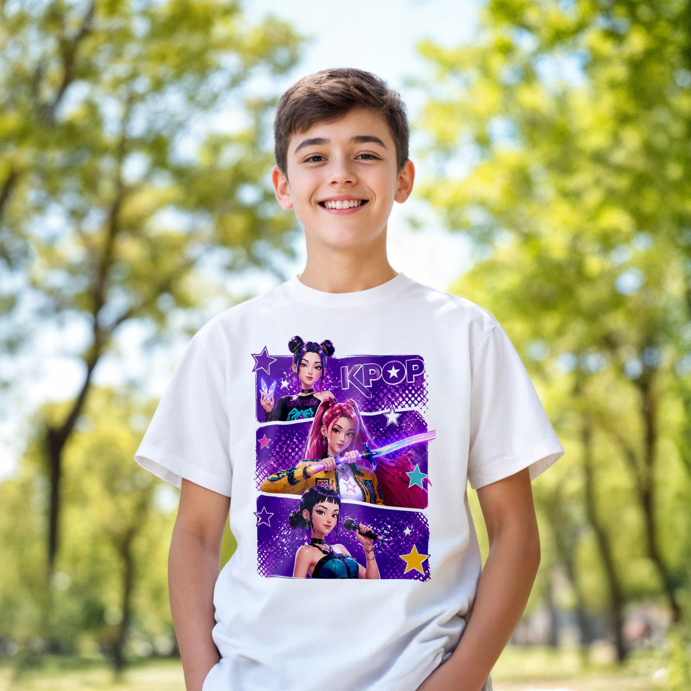 Koszulka Dziecięca Biała Z Nadrukiem ŁOWCZYNIE KPOP Dla Dzieci r. 116