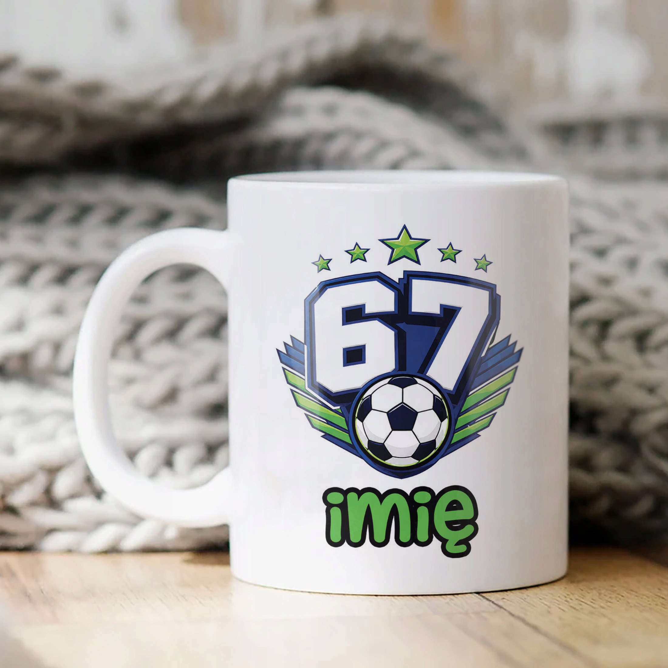 Biały Kubek z nadrukiem personalizowany 67 Piłka Dla Dzieci Prezent
