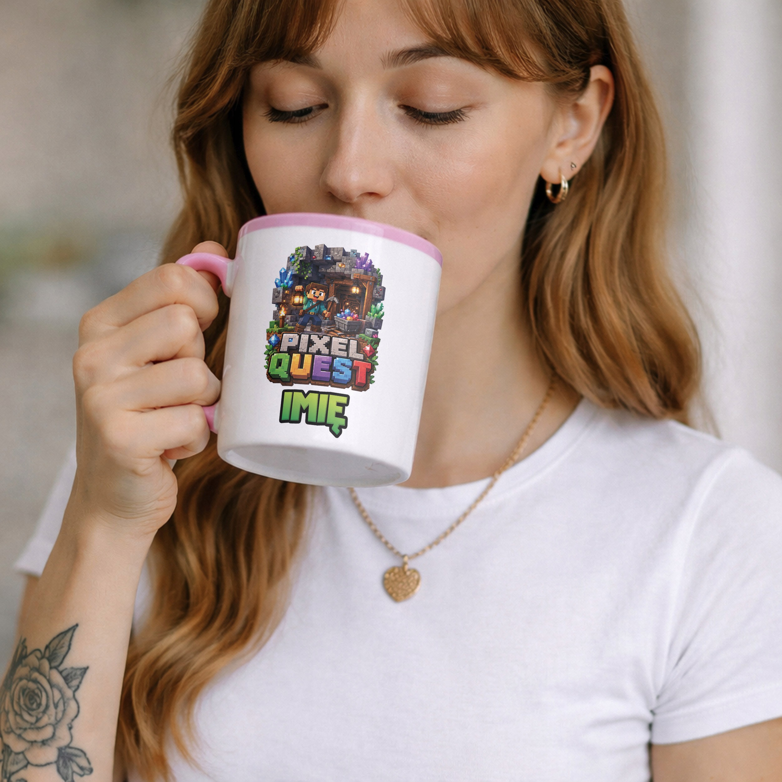 Zestaw Personalizowany Kubek Różowy Poduszka gra Pixel Quest Prezent