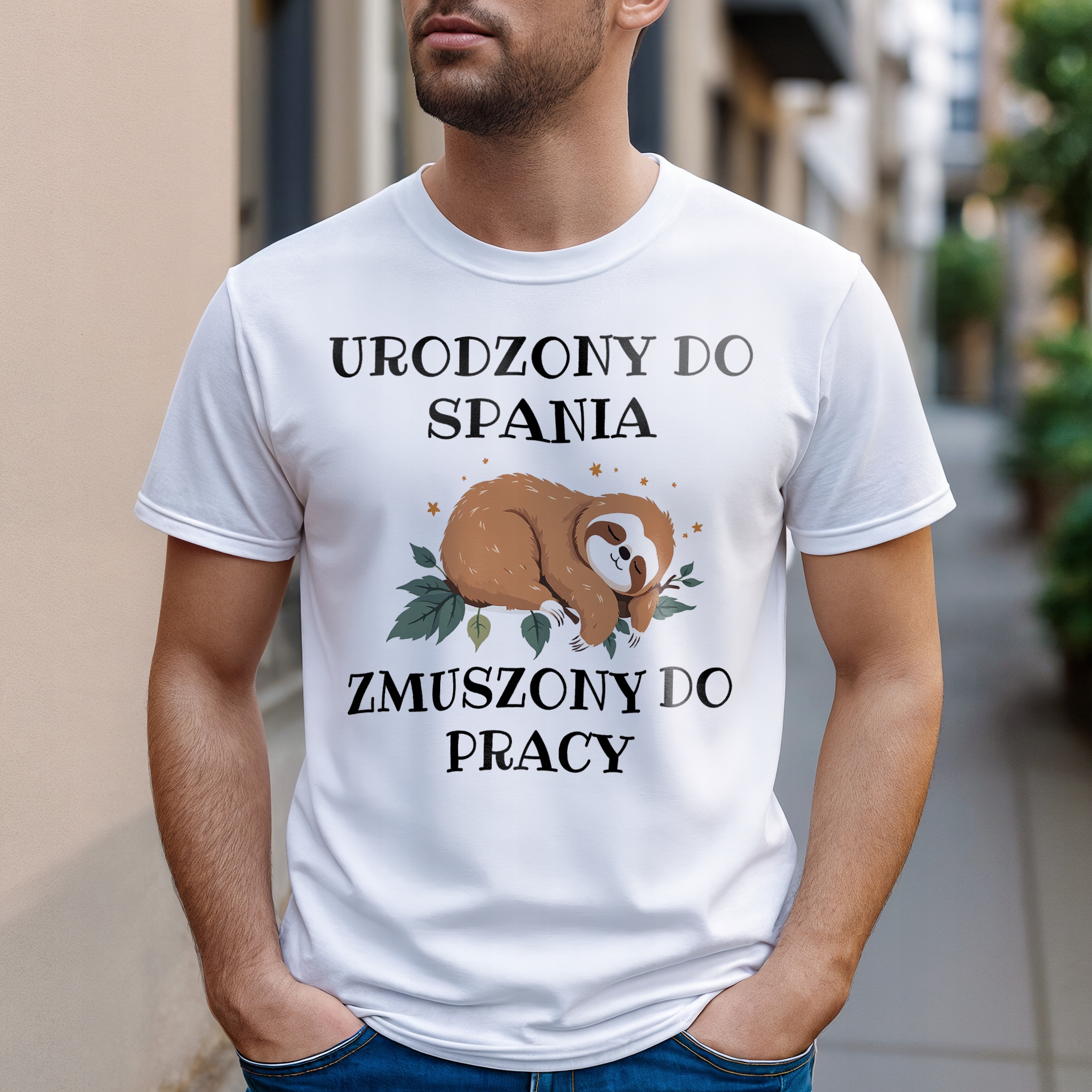 Koszulka biała męska Urodzony Do Spania Zabawny Prezent r. 3XL