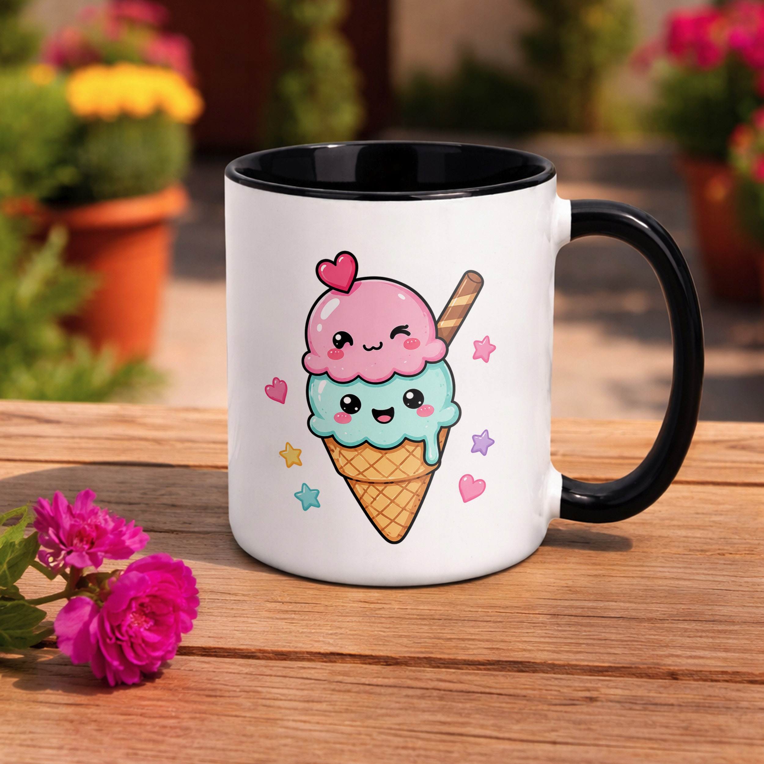 Zestaw Kubek Czarny Poduszka Z Nadrukiem Kawaii Lody Prezent