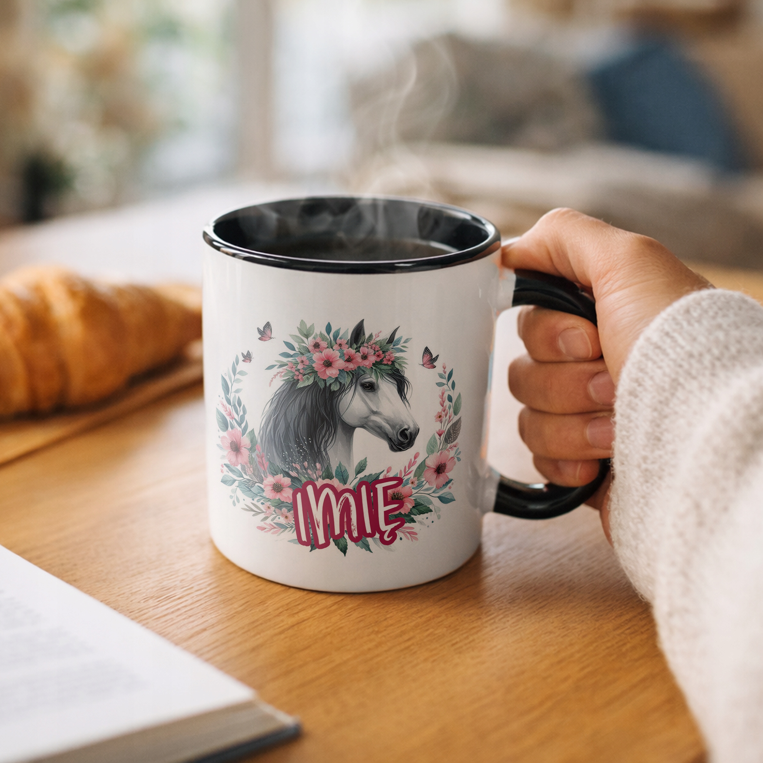 Kubek Czarny Personalizowany Z Koniem Koń Słodki Dla Dzieci Prezent