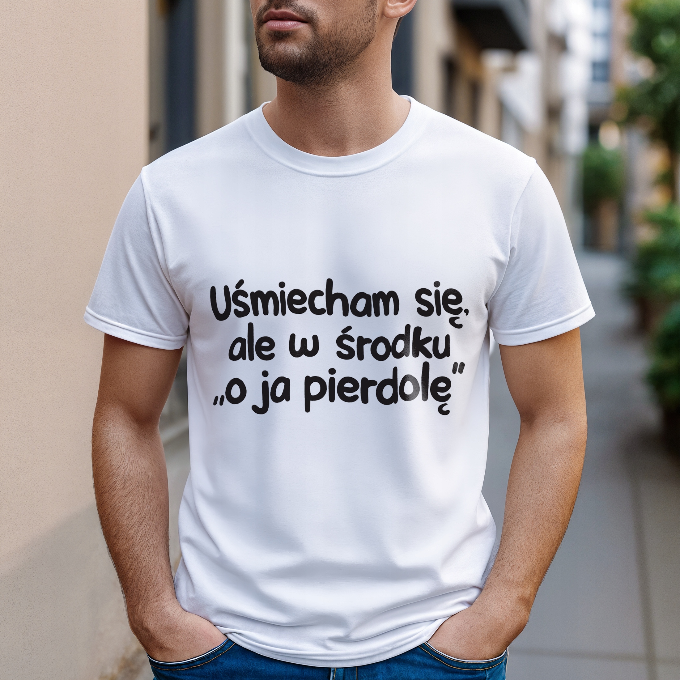 Koszulka biała męska Uśmiecham Się Ale W Środku Zabawny Prezent