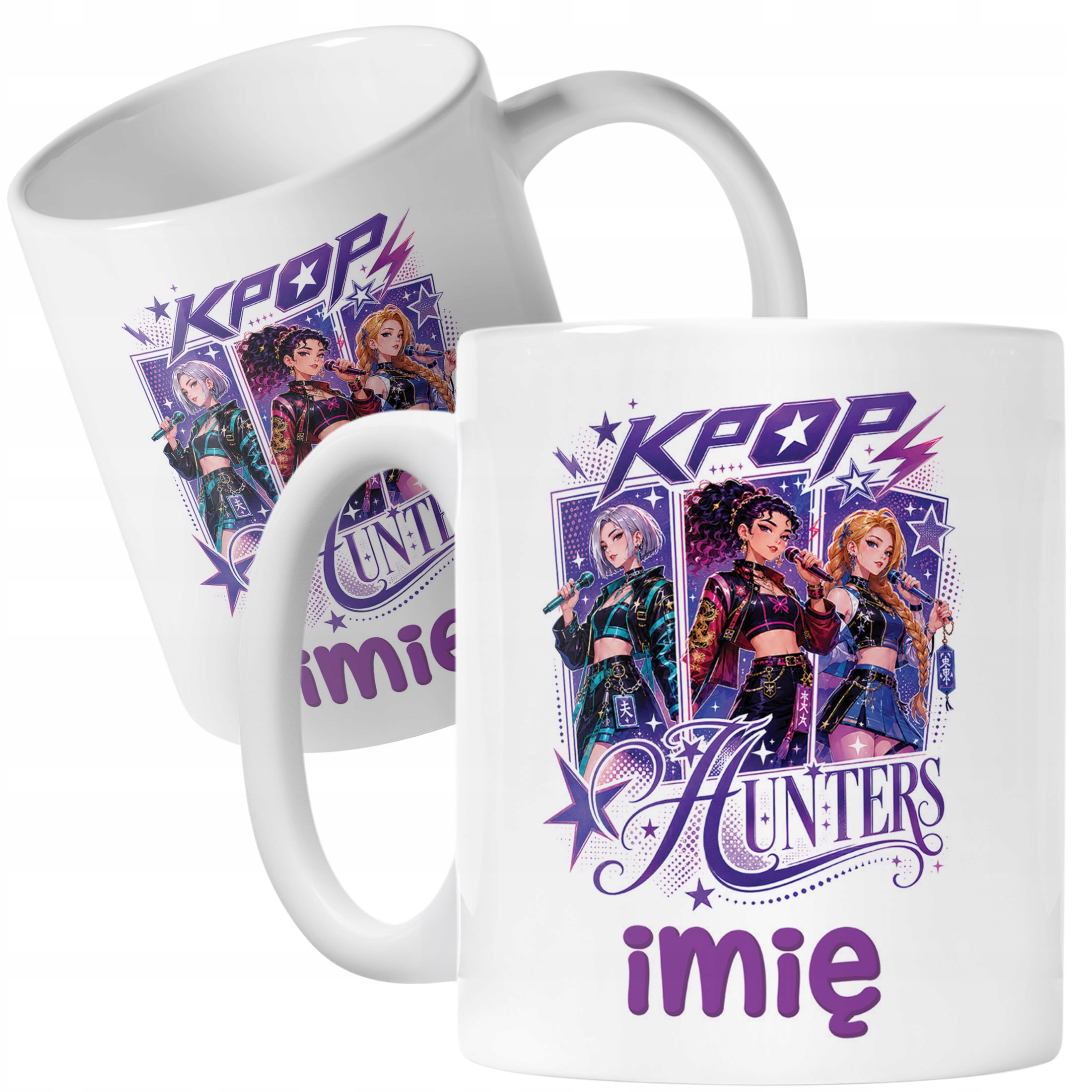 Biały Kubek z nadrukiem personalizowany ŁOWCZYNIE KPOP Dla Dzieci Prezent