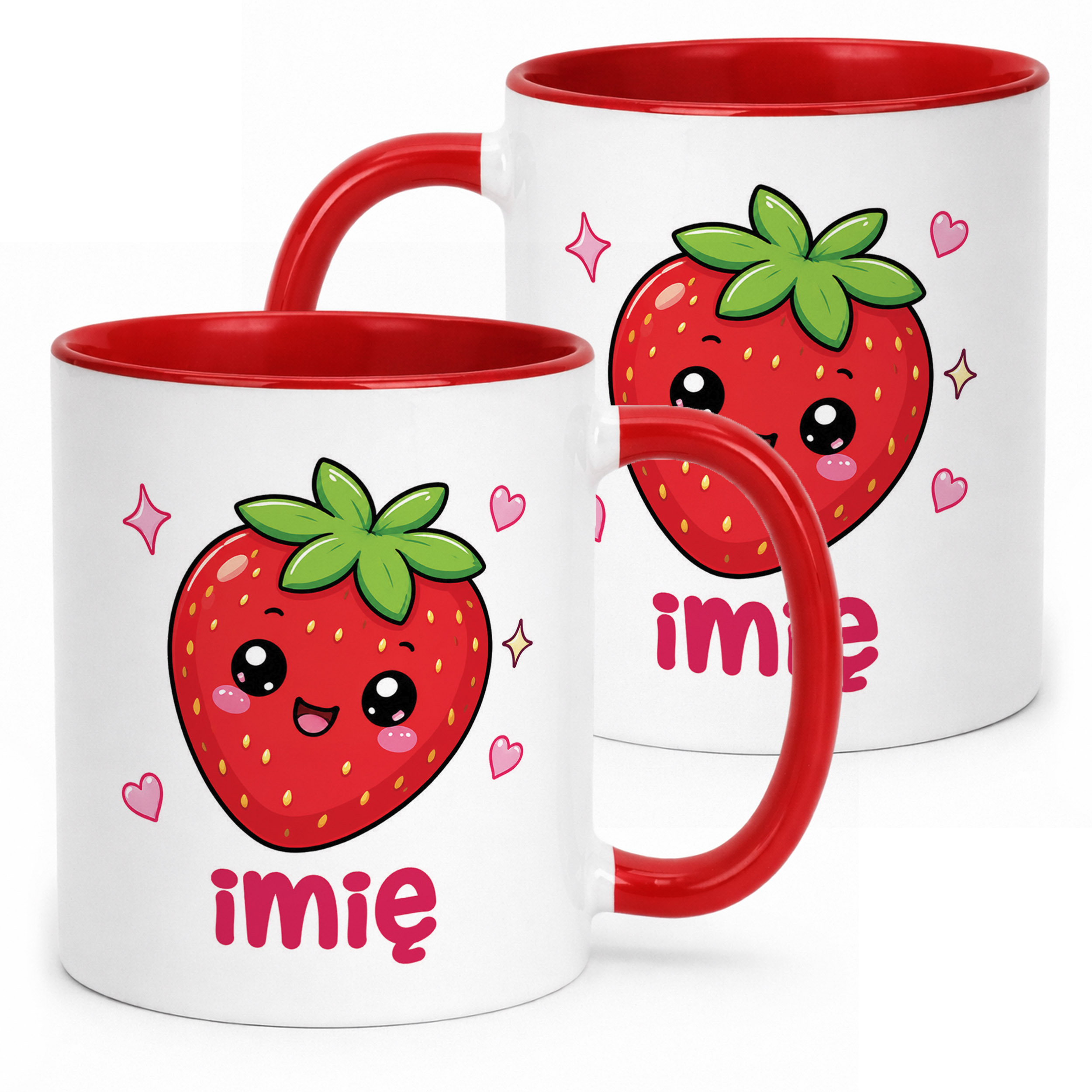 Kubek Czerwony z nadrukiem personalizowany Kawaii Truskawka Dla Dzieci