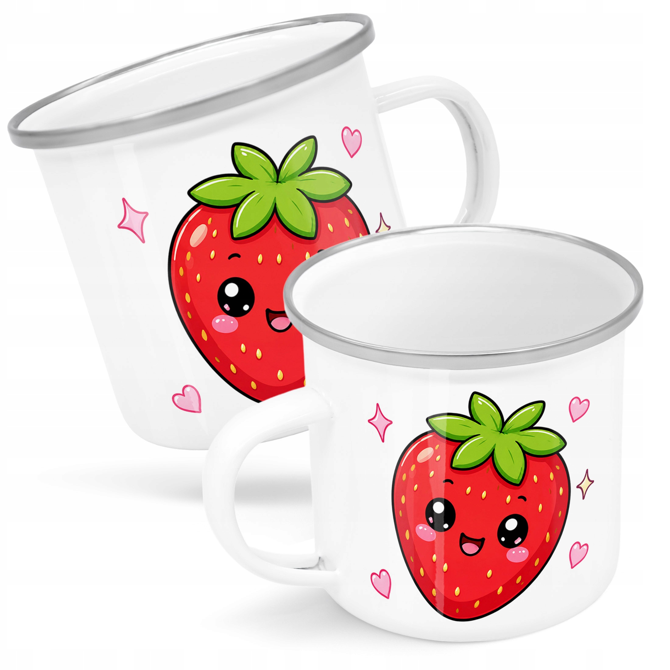 Kubek Emaliowany Kawaii Truskawka z Nadrukiem Biały Metalowy Prezent