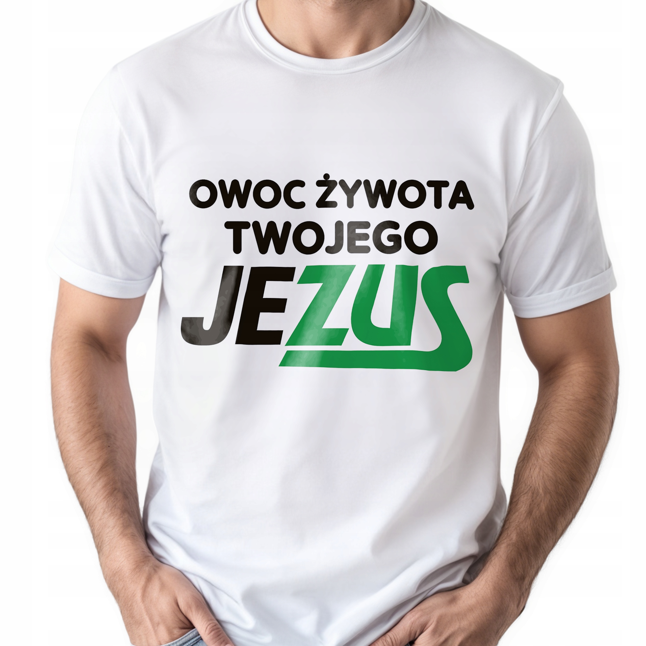 Koszulka biała męska Owoc Żywota Twojego Jezus Zabawny Prezent