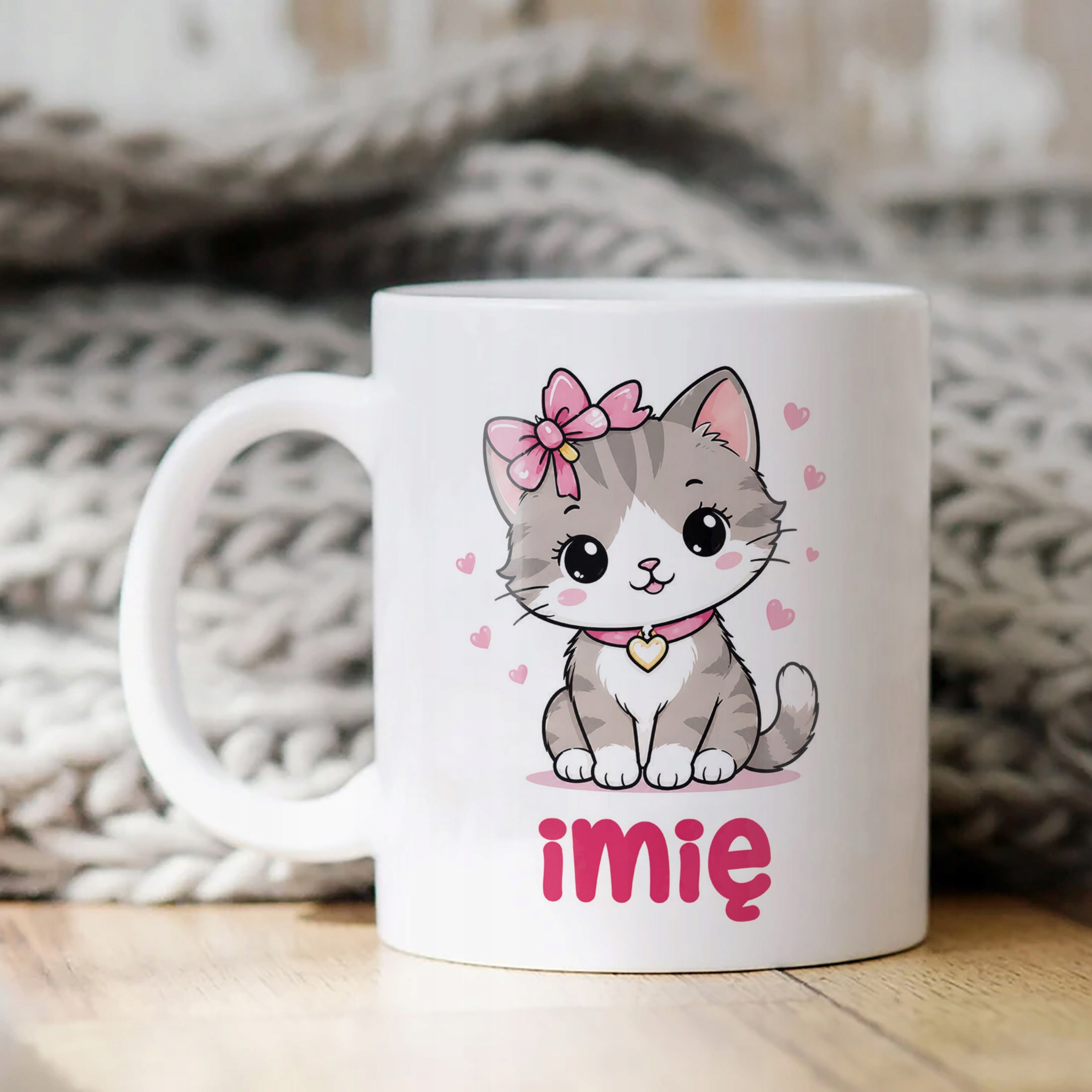 Biały Kubek z nadrukiem personalizowany Uroczy Kotek Dla Dzieci Prezent