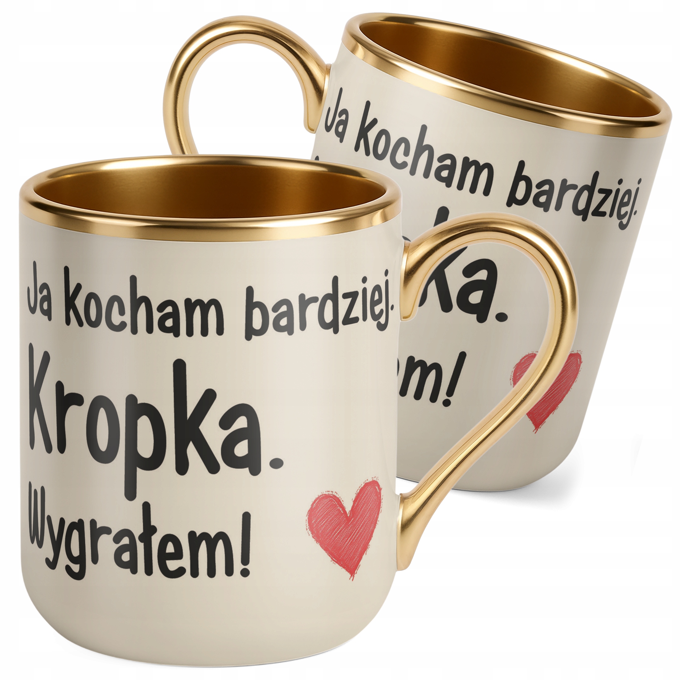 Kubek Premium Złoty Ecru Walentynki Ja Kocham Bardziej Kropka Prezent
