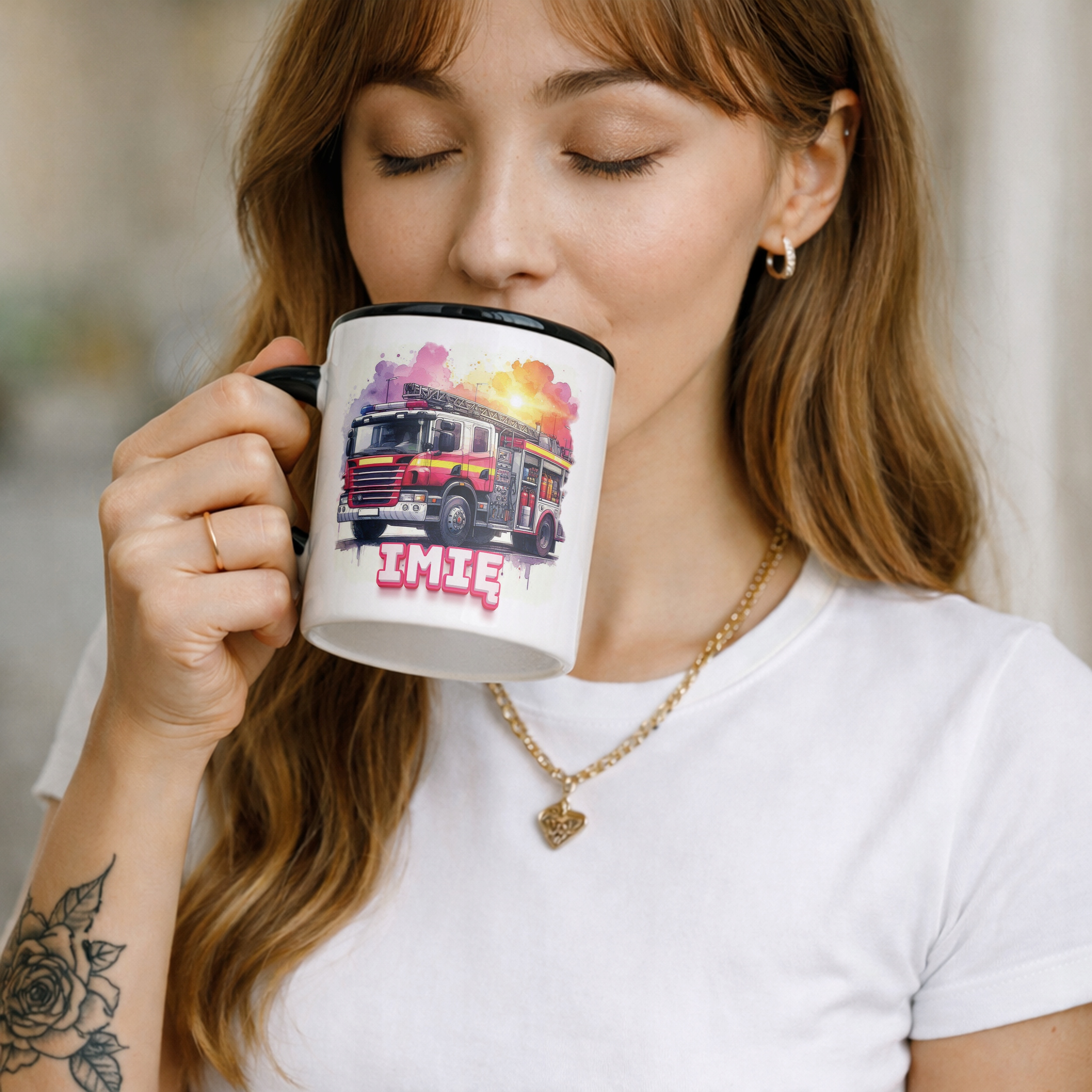 Kubek Czarny Personalizowany Dla Strażaka Wóz Strażacki Prezent