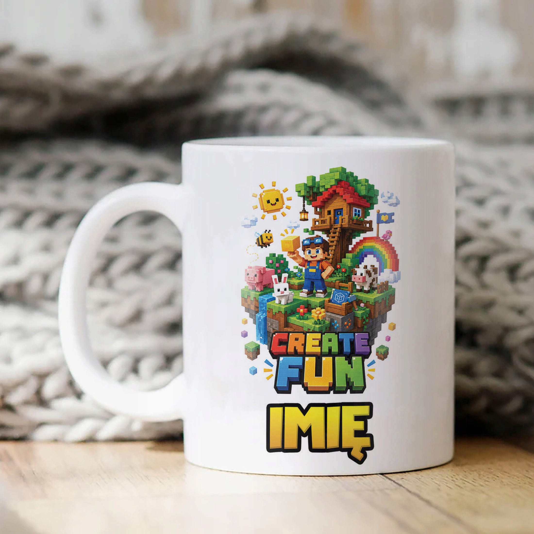 Biały Kubek z nadrukiem personalizowany Gra Pixel Dla Dzieci Prezent