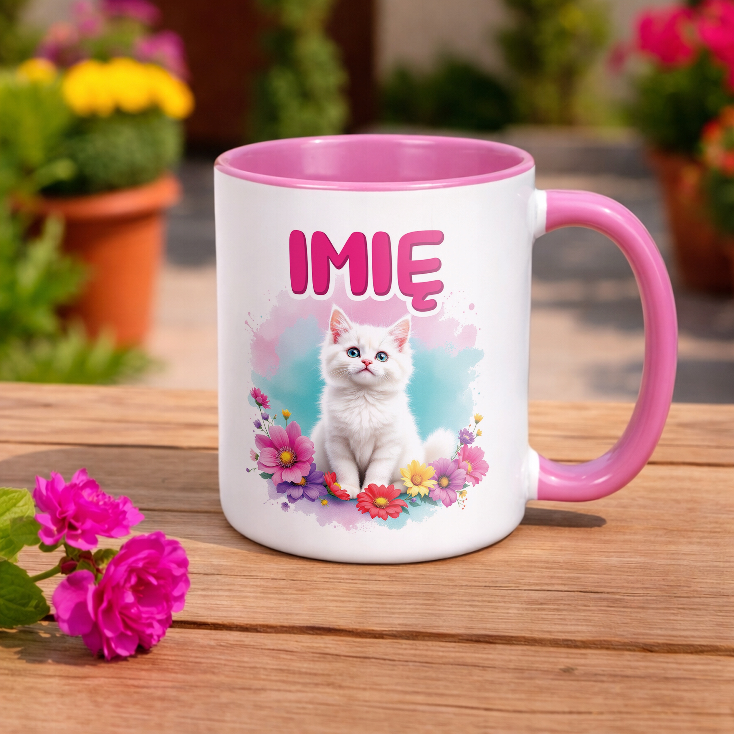 Kubek Różowy Personalizowany Kot Kotek Zwierzak Słodki Dla Dzieci