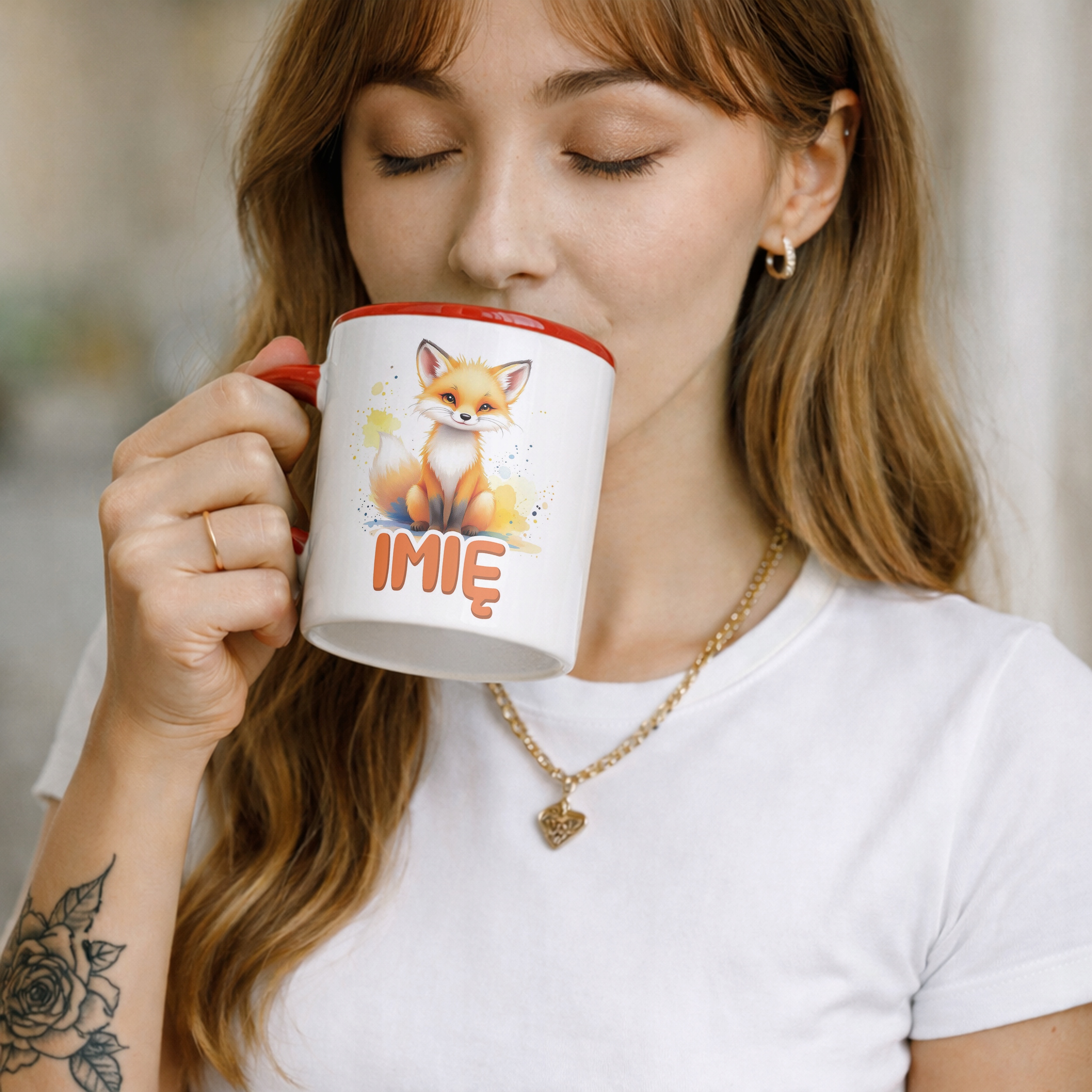 Kubek Czerwony Personalizowany Lis Zwierzak Słodki Dla Dzieci