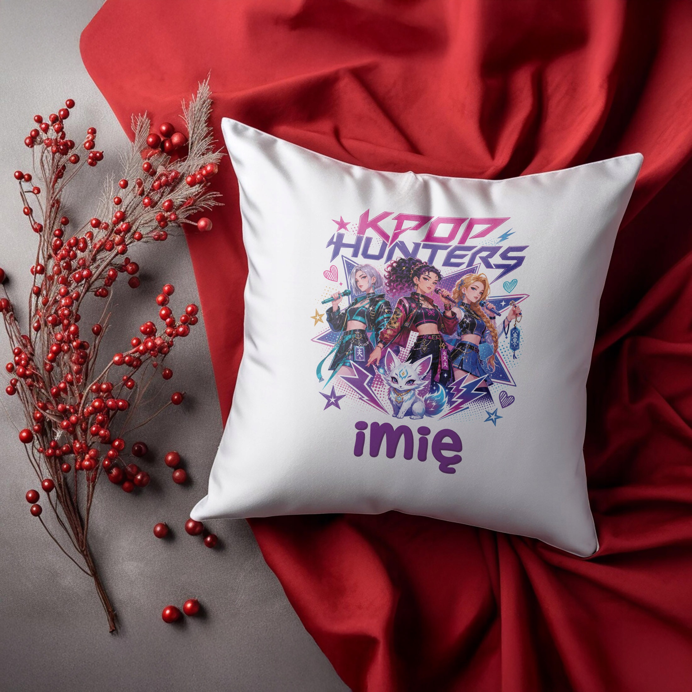 Zestaw Personalizowany Kubek Czerwony Poduszka Łowczynie Kpop Prezent