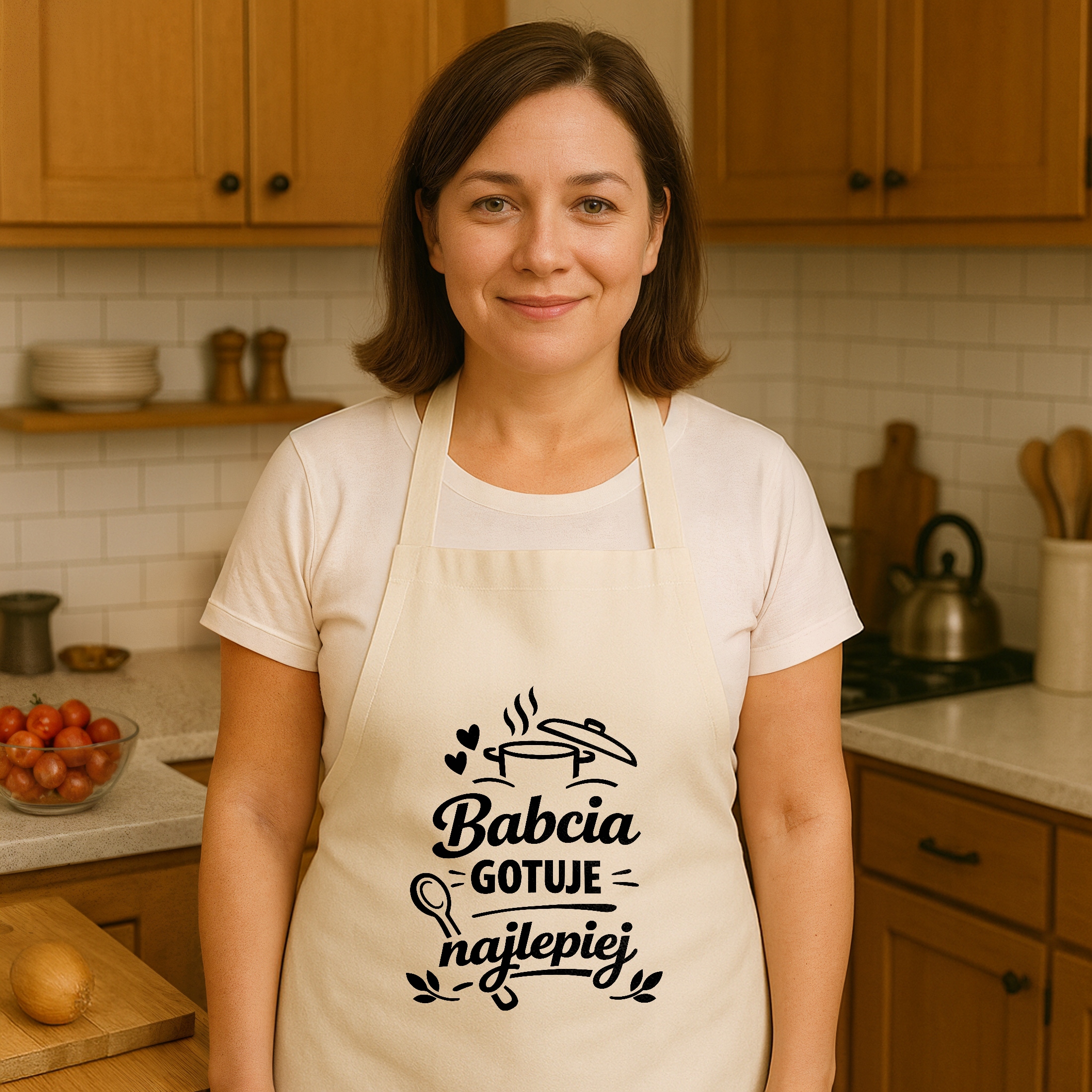 Bawełniany Fartuch Kuchenny Ecru Dzień Babci Dla Babci Prezent Z Nadrukiem