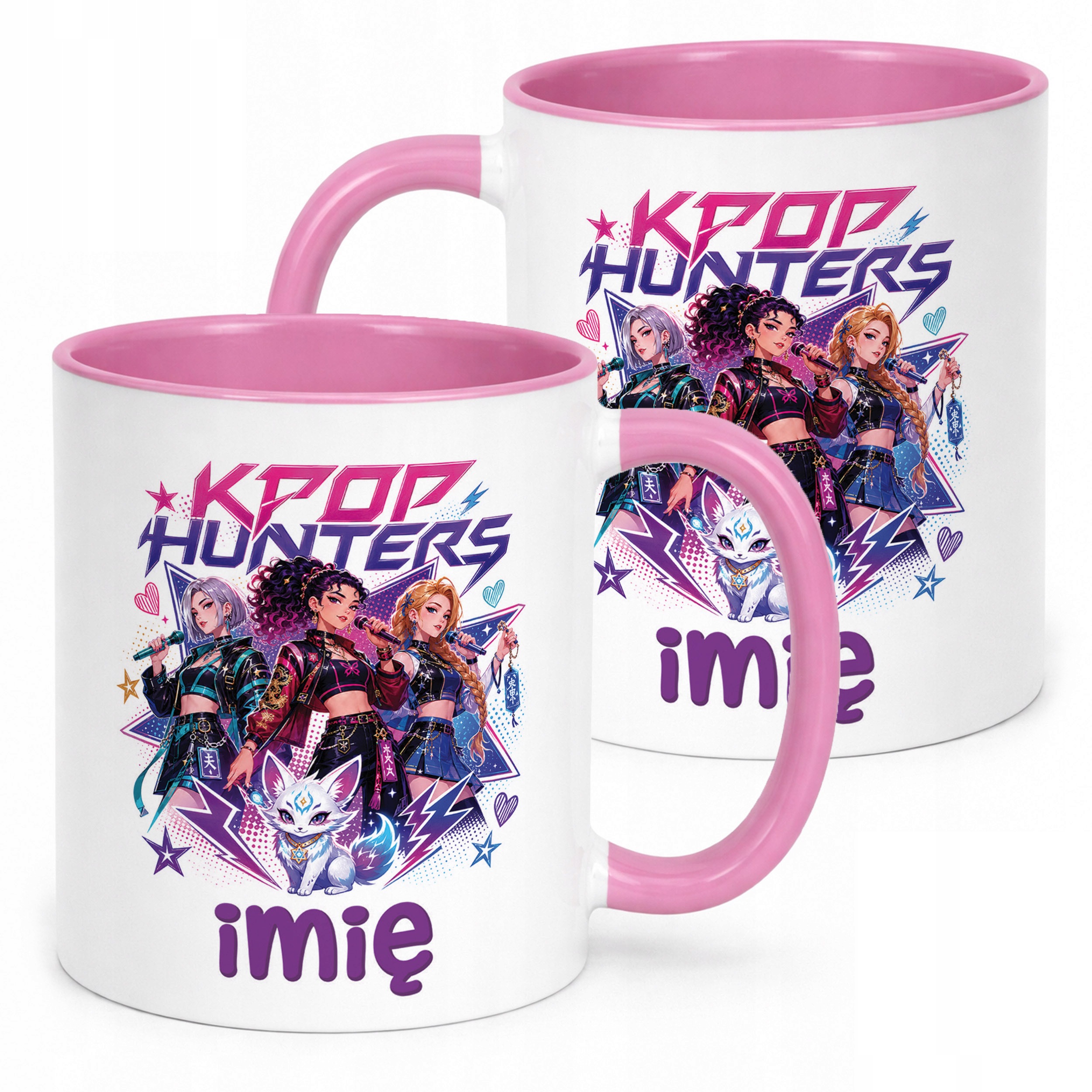 Kubek Różowy z nadrukiem personalizowany ŁOWCZYNIE KPOP Dla Dzieci Prezent