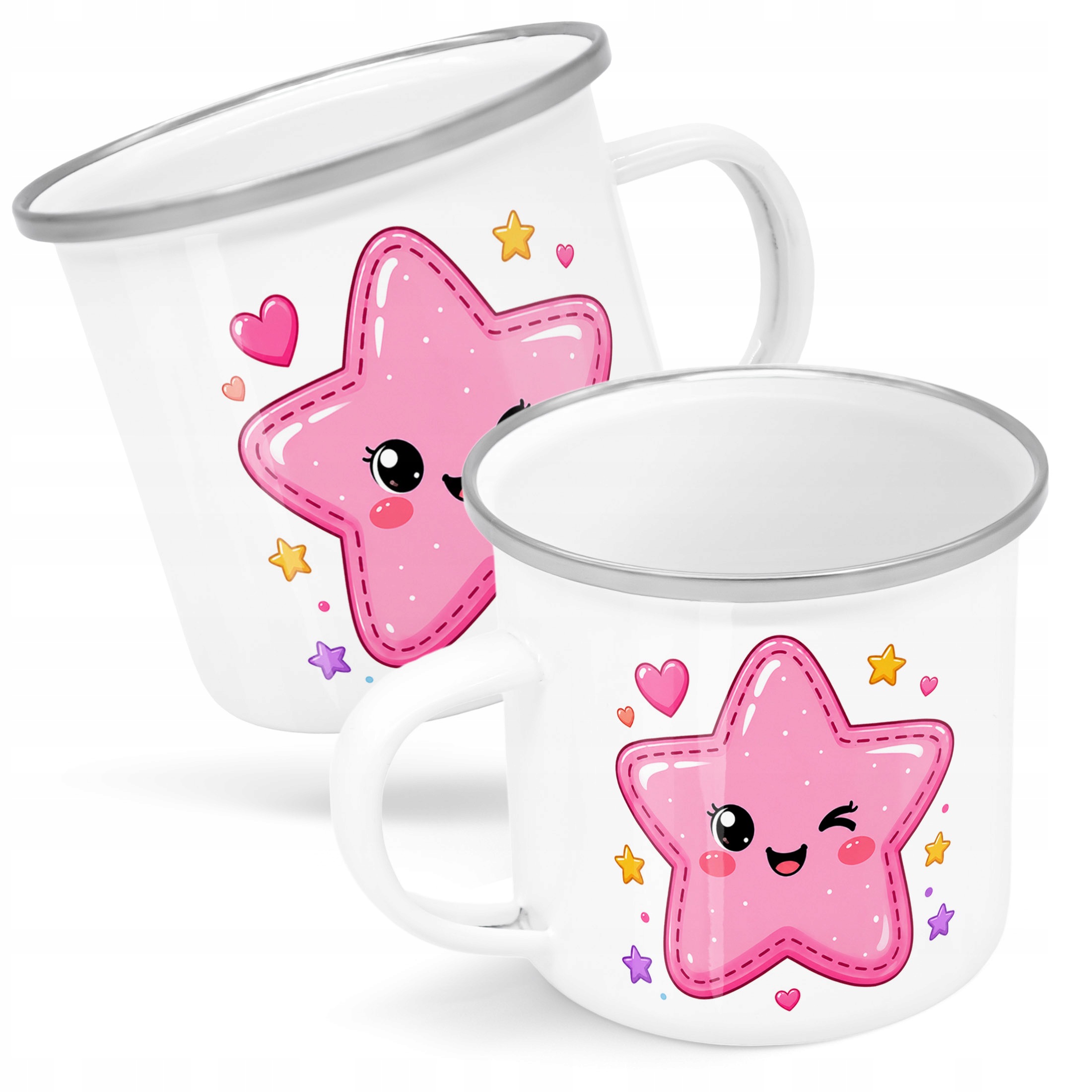 Kubek Emaliowany Kawaii Gwiazdka z Nadrukiem Biały Metalowy Prezent