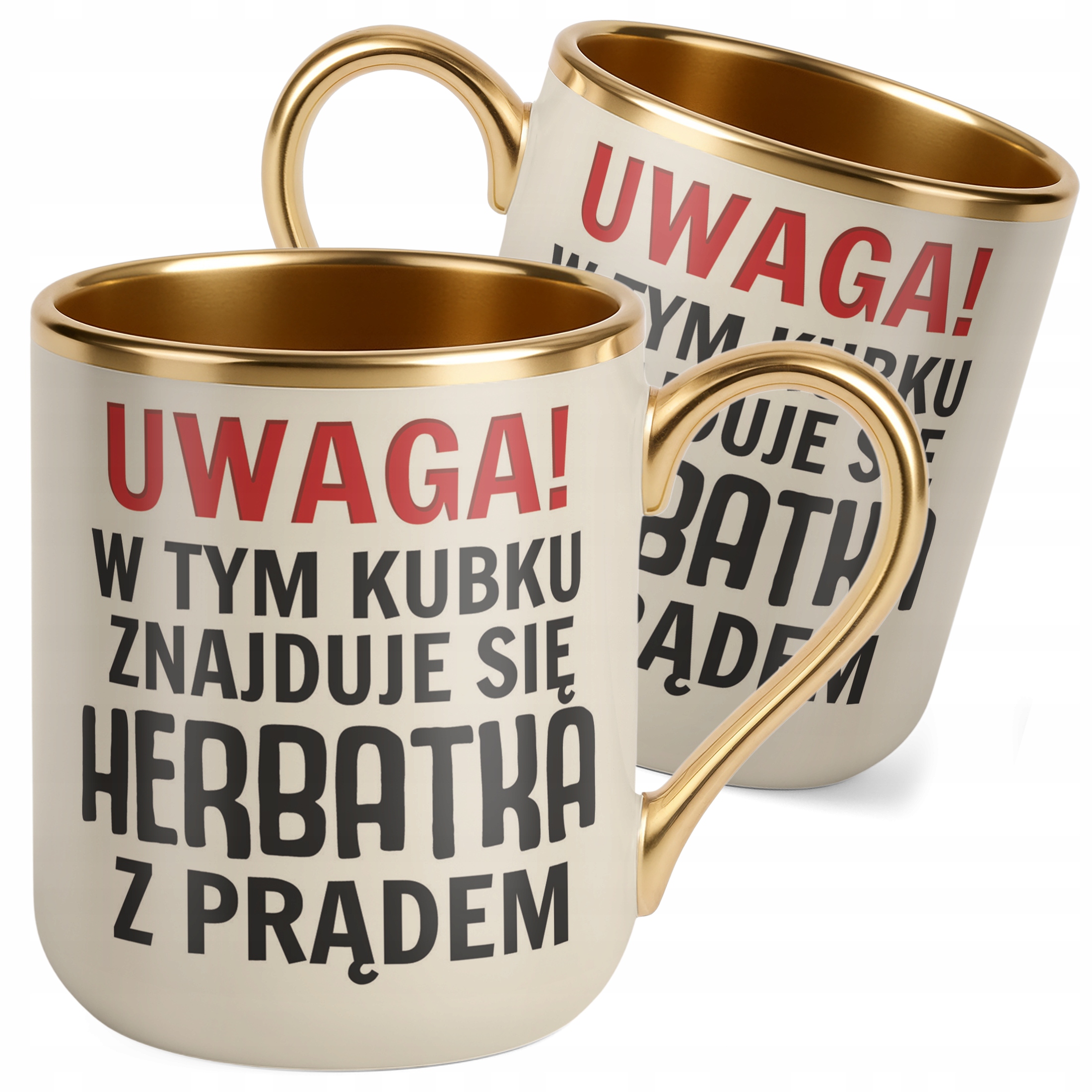 Kubek Premium Złoty Ecru Uwaga Herbata Z Prądem Zabawny Prezent Upominek