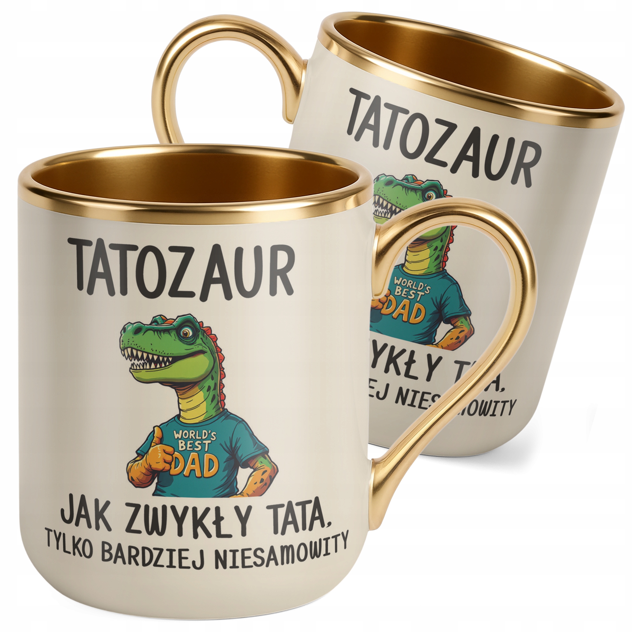 Kubek Premium Złoty Ecru Dzień Ojca Tatozaur Prezent Upominek Dla Taty