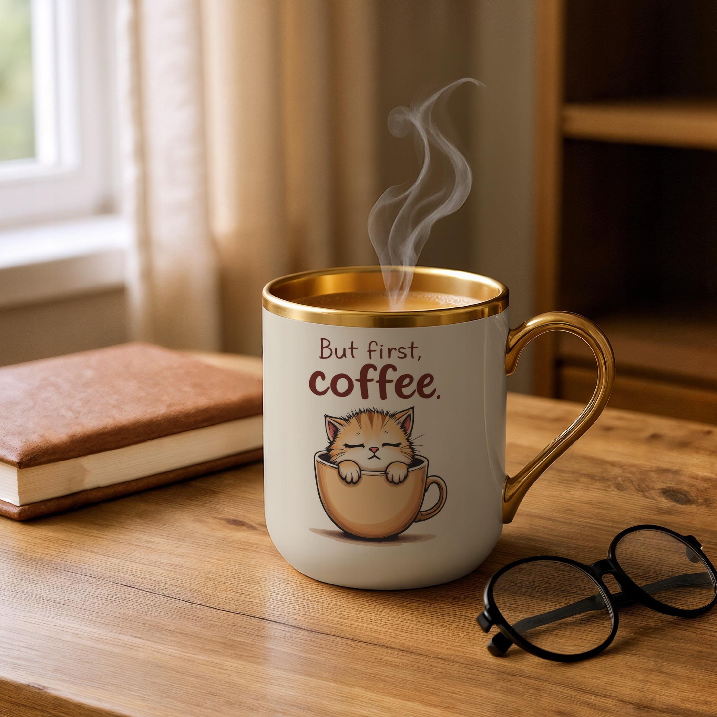 Kubek Premium Złoty Ecru But First Coffee Kawa Kot Dla Kociary Prezent