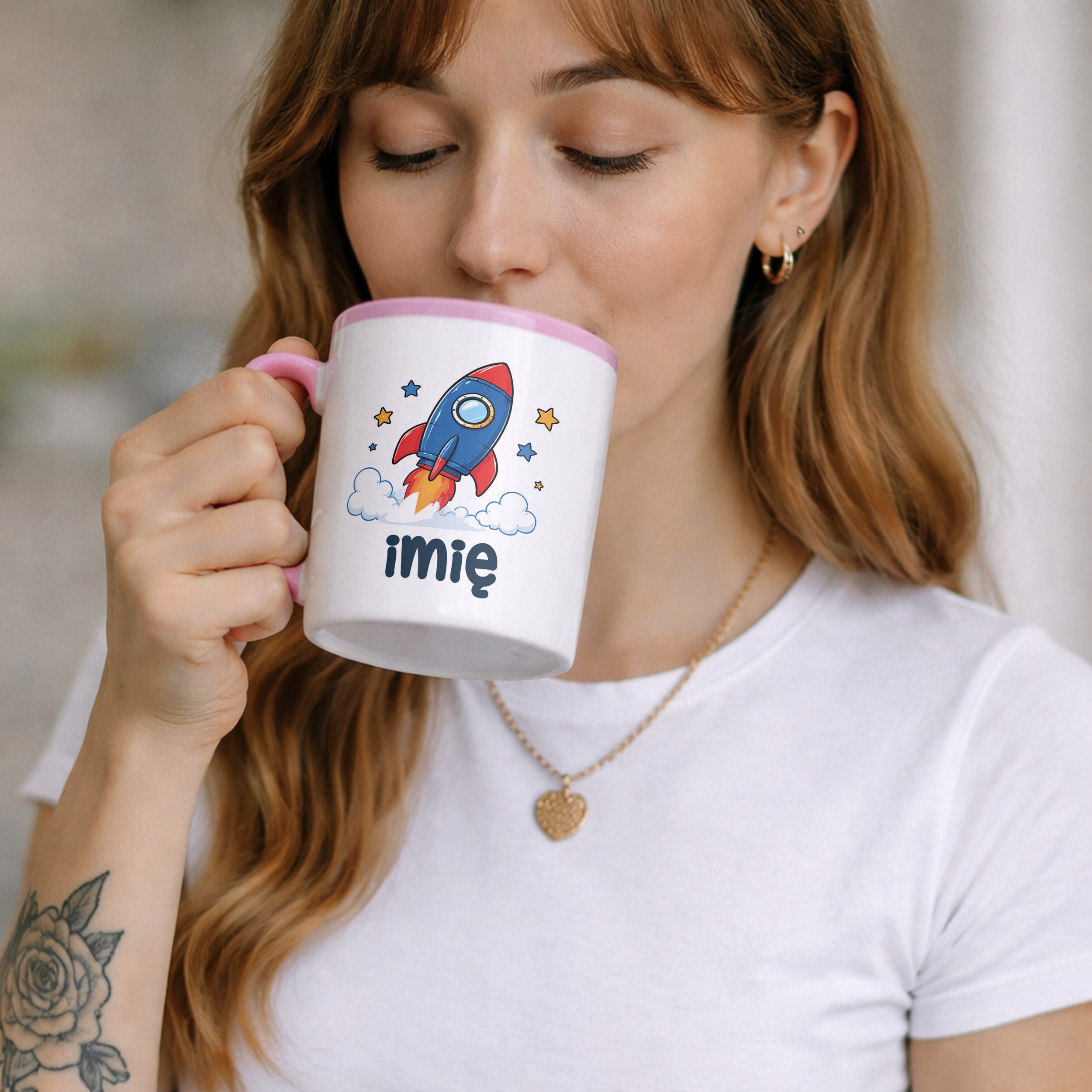 Zestaw Personalizowany Kubek Różowy Poduszka Rakieta Prezent