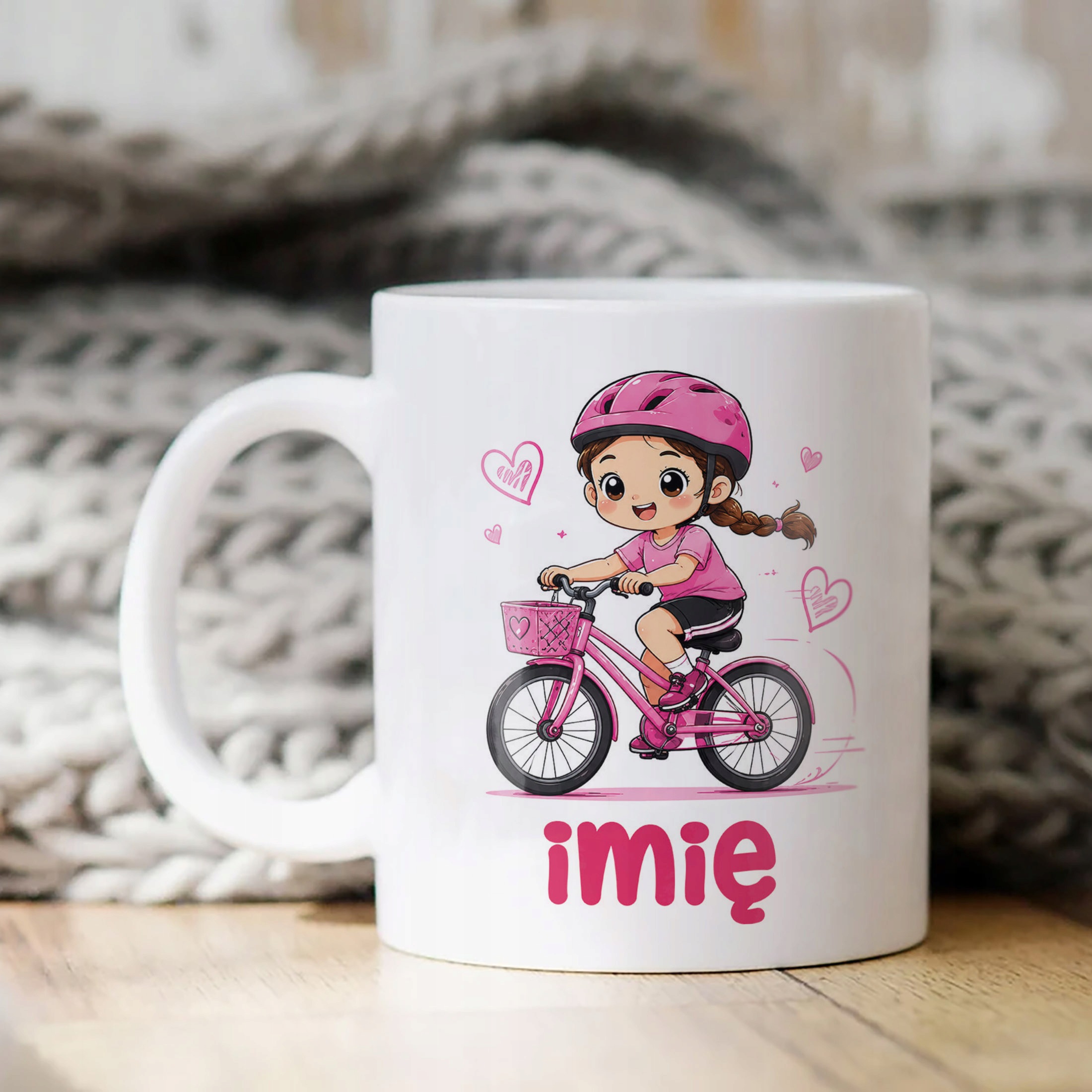 Biały Kubek z nadrukiem personalizowany Rower Dziewczynka Dla Dzieci