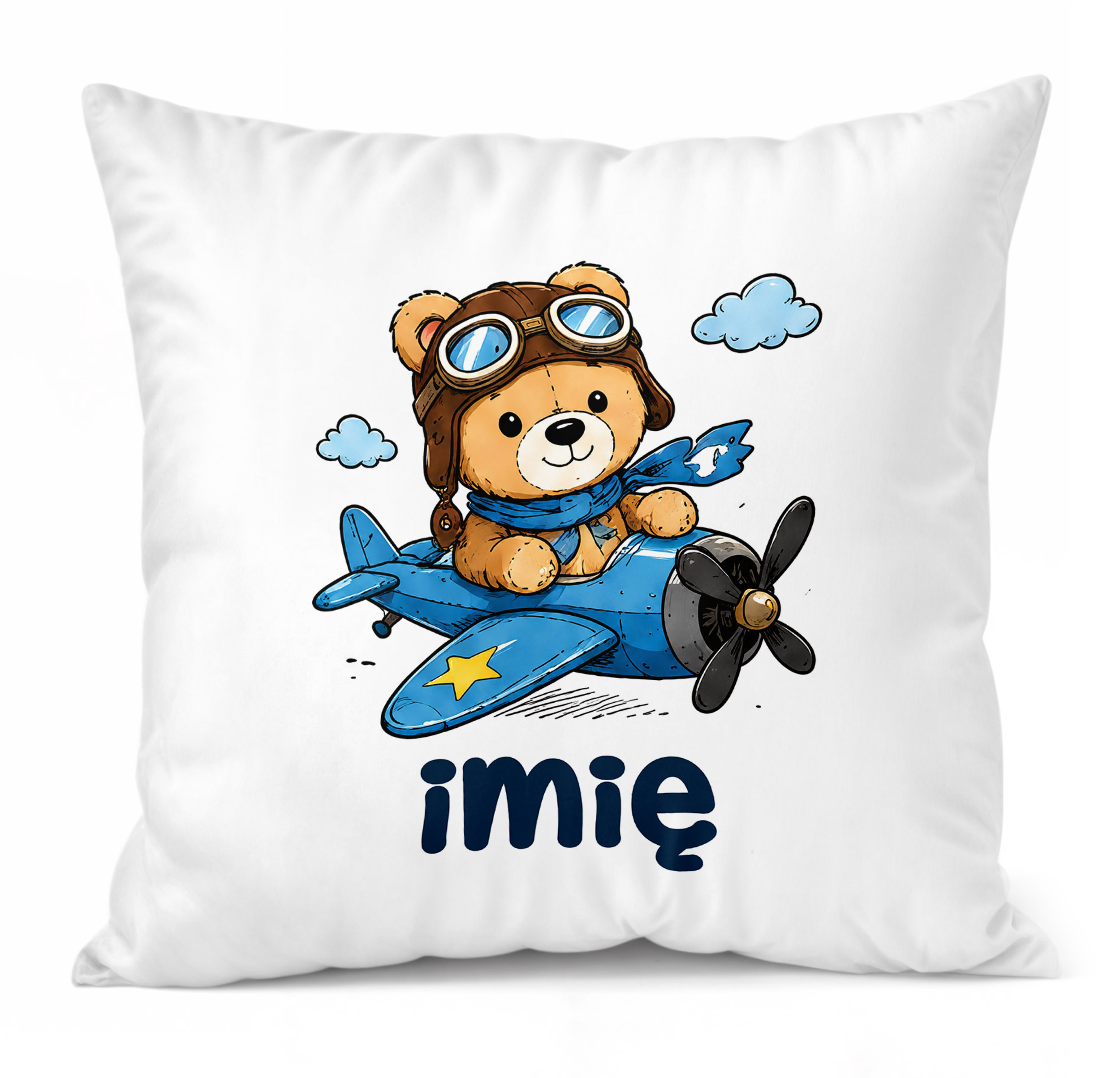 Zestaw Personalizowany Kubek Różowy Poduszka Miś w samolocie Prezent